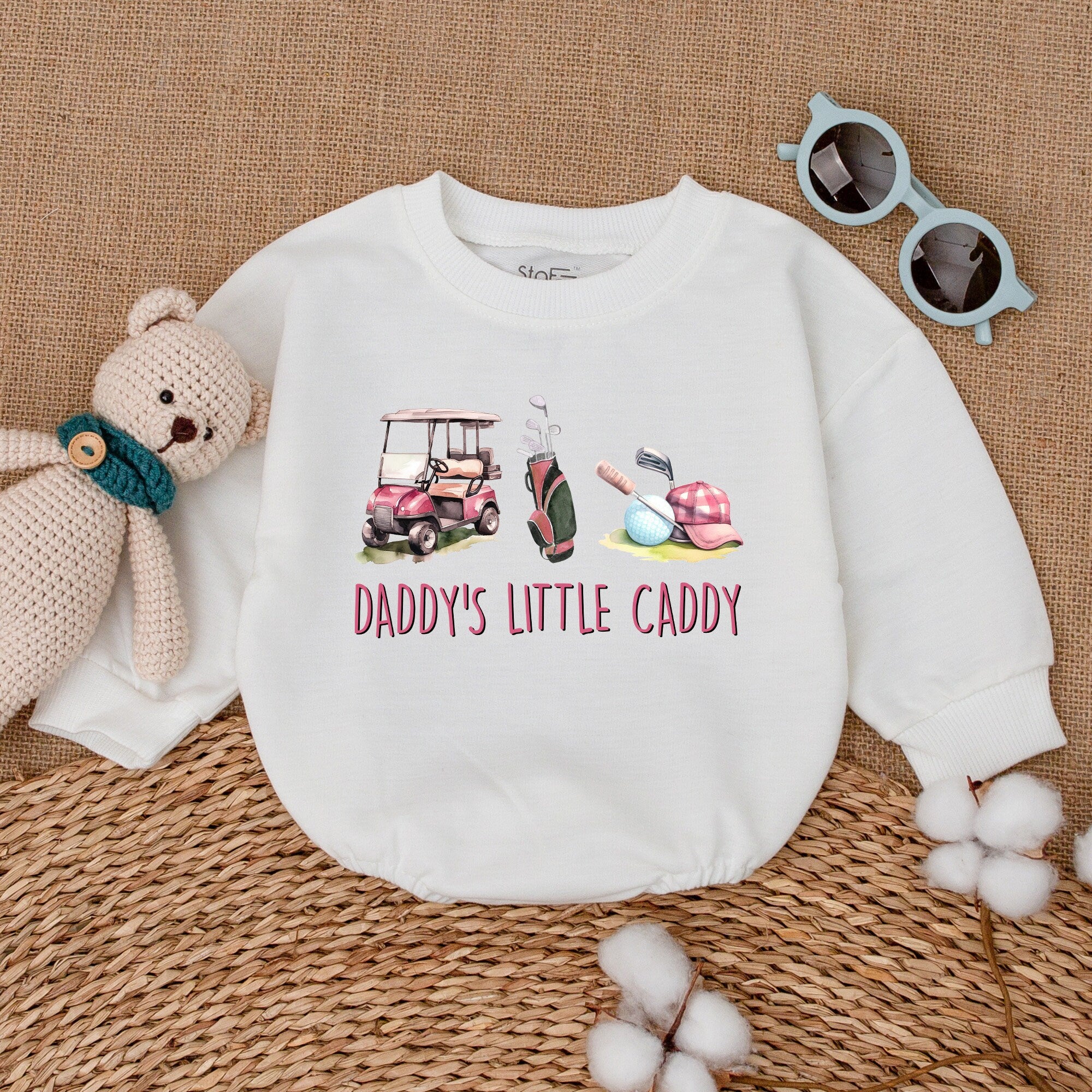 Daddy's Little Caddy Romper Pink Golf Cart Baby Bodysuit Cute Father's Day Outfit Girl Newborn Gift Fun Pastel Summer Clothes