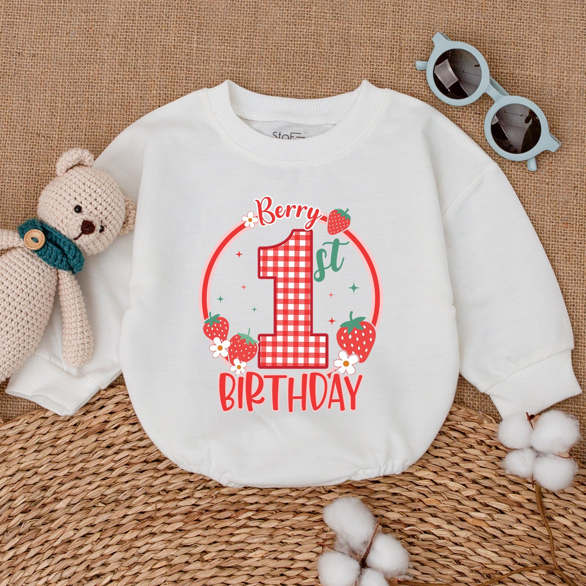 Berry 1st Birthday Romper with Red Gingham Number and Strawberries Baby Girl Outfit First Birthday Smash Cake Cotton Gift