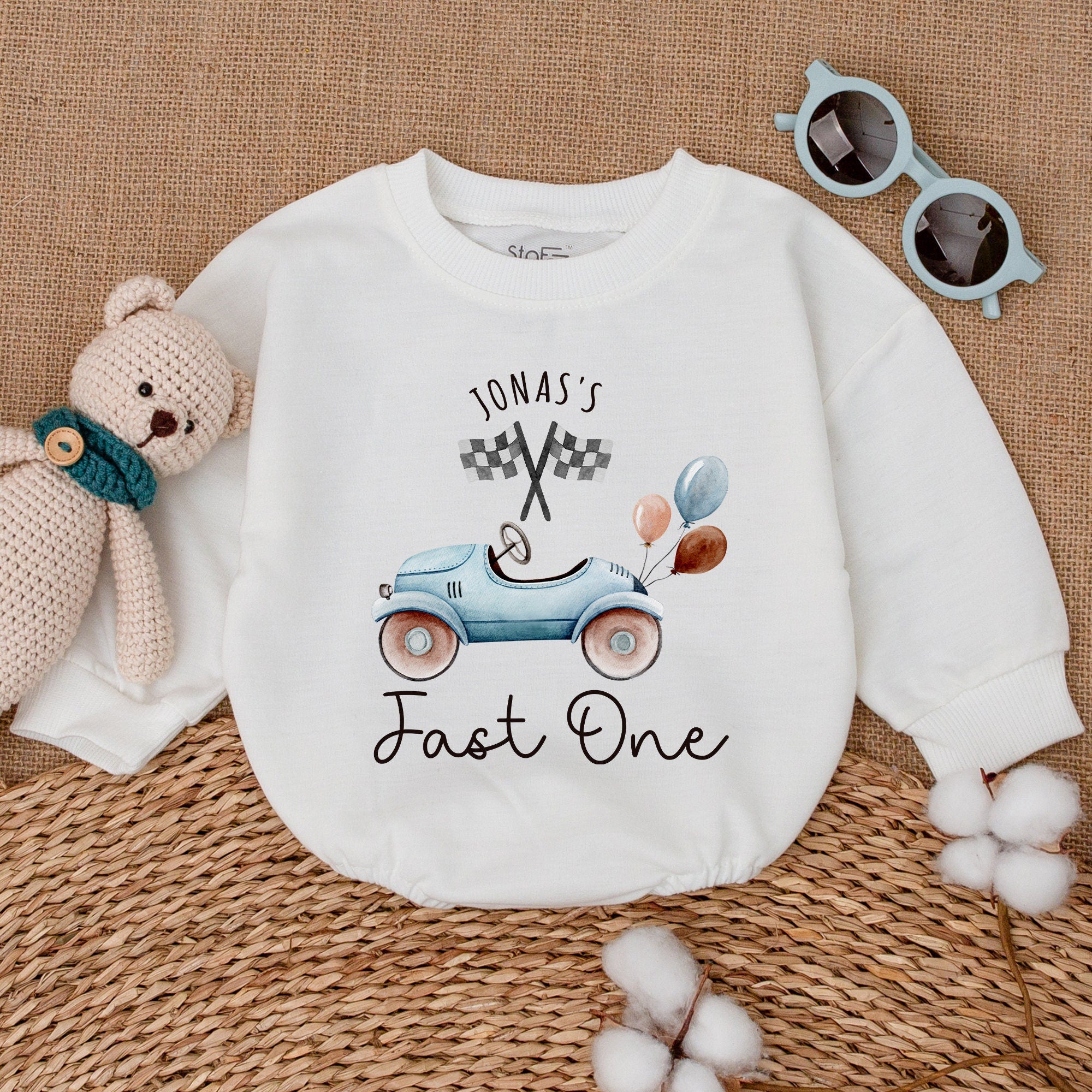 Personalized Fast One Baby Romper with Vintage Race Car and Checkered Flags Design Ideal for First Birthday or Baby Shower Gift