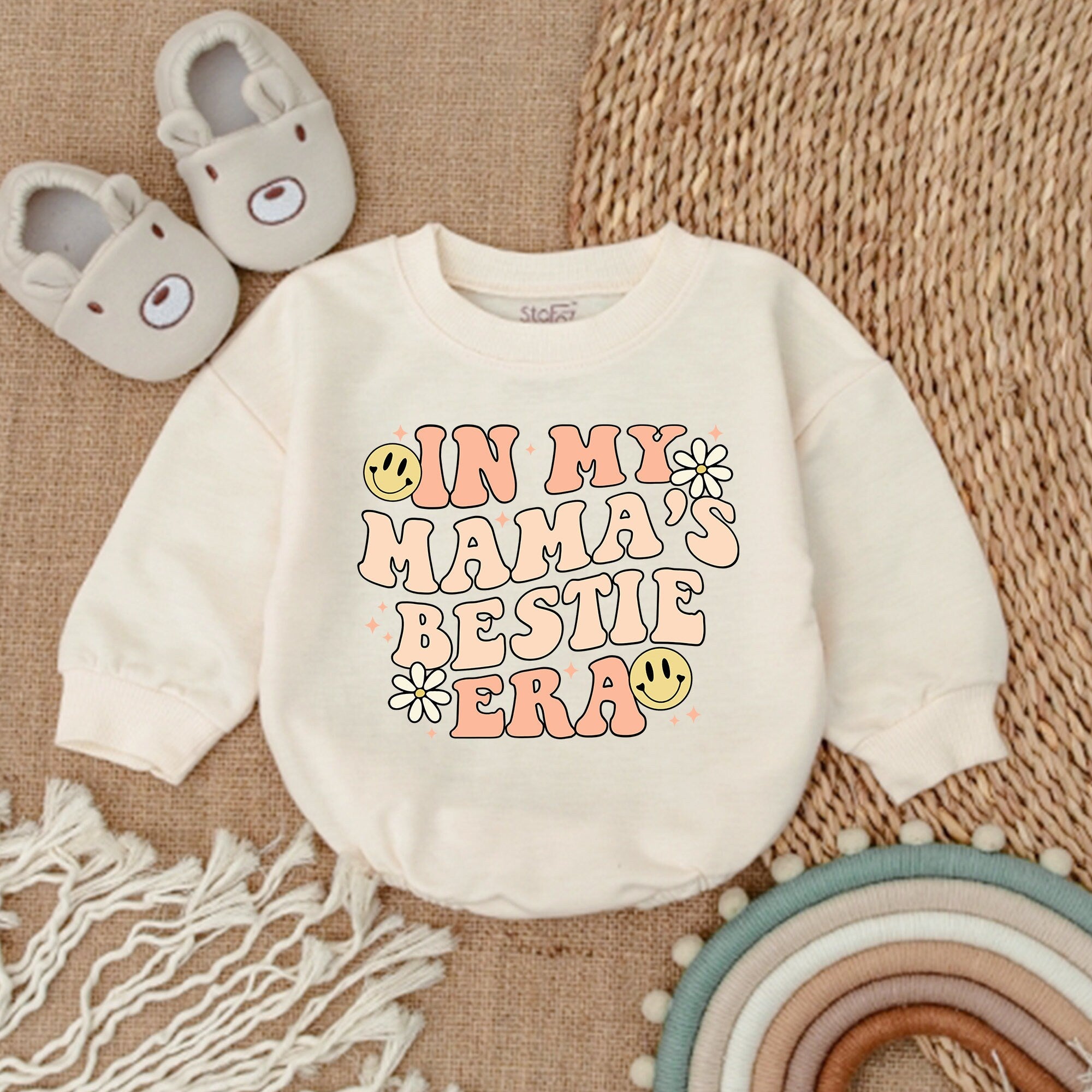My Mama's Bestie Era Baby Girl Romper with Smiley Faces Retro 70s Design Cotton Comfortable Infant Outfit Ideal for Mother's Day Gift