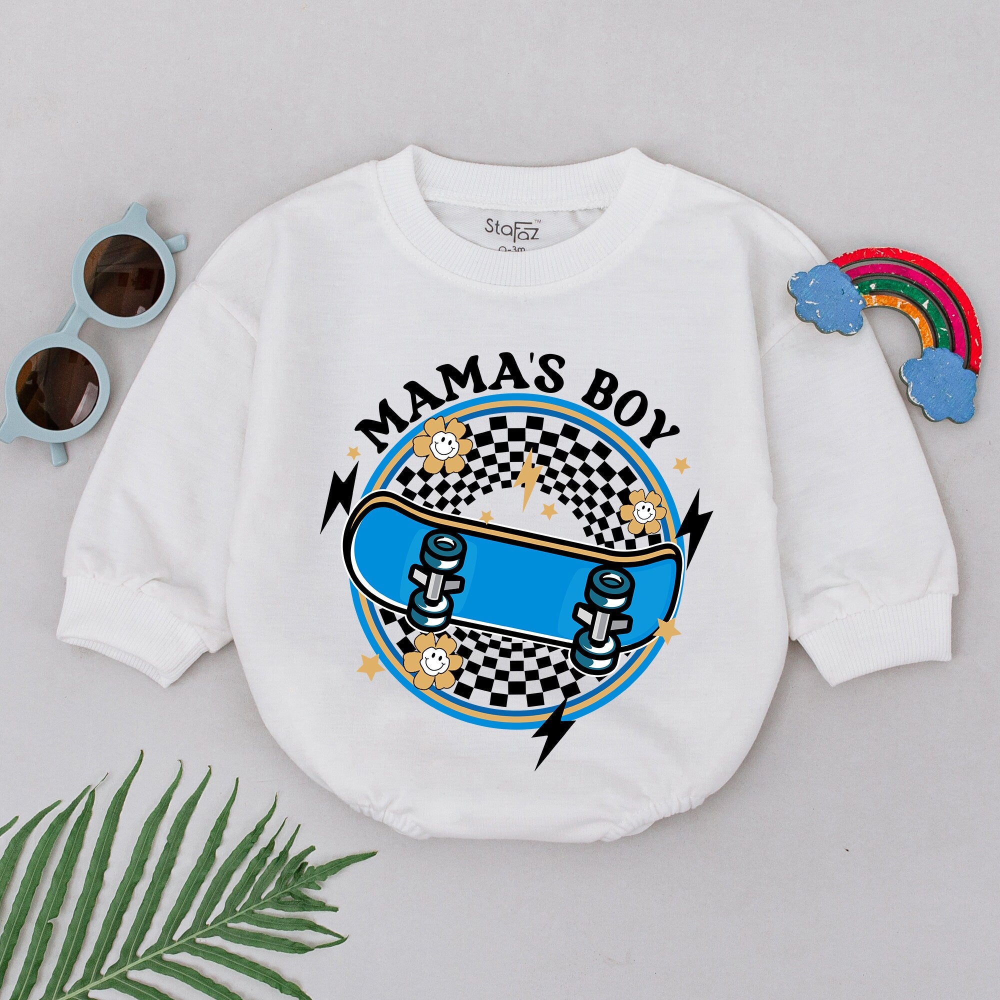 Mama's Boy Skateboard Romper with Bold Graphic Design