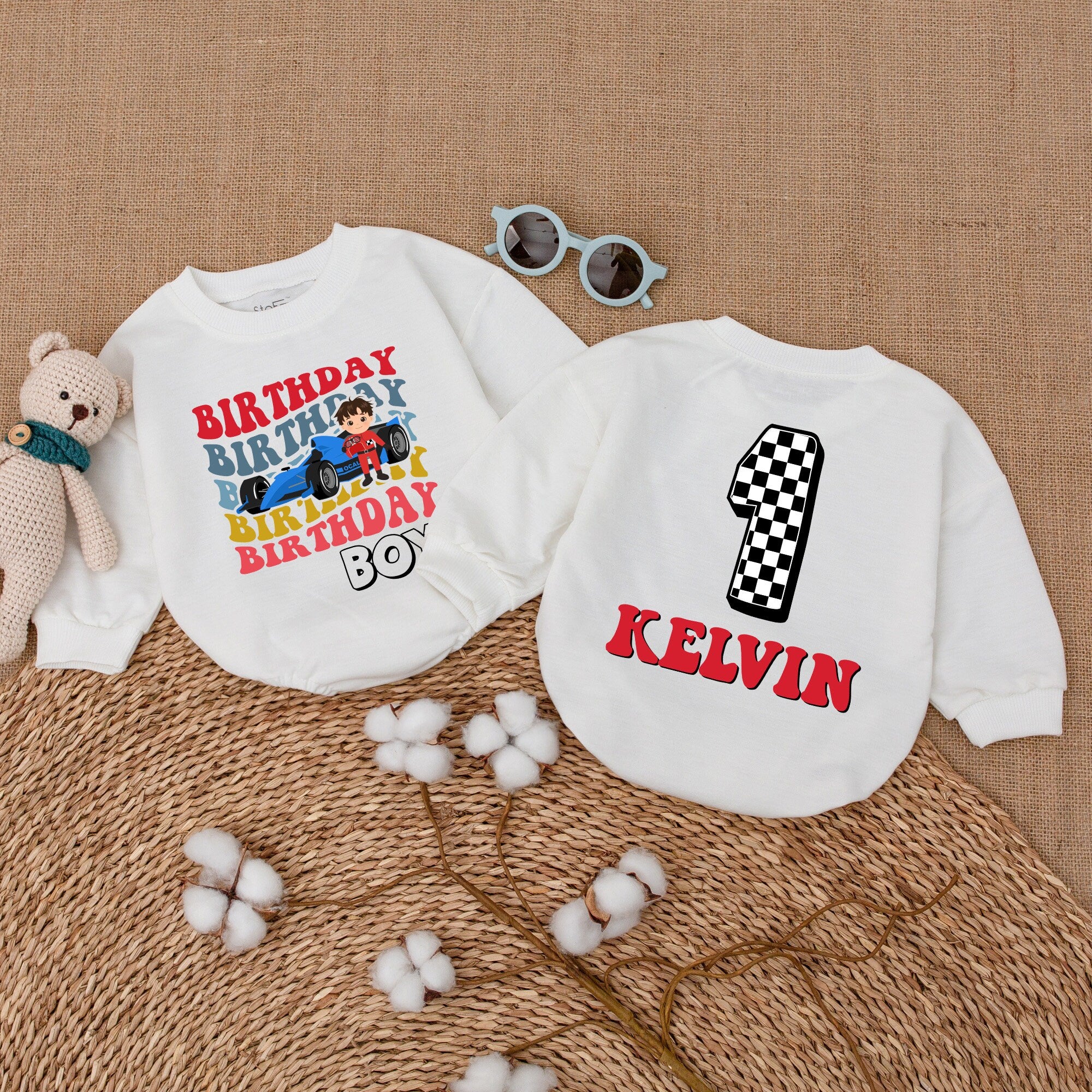 Personalized Birthday Boy Race Car Romper First Birthday Outfit Baby Fun Cake Smash 1st Party Romper with Name Custom Kelvin Design