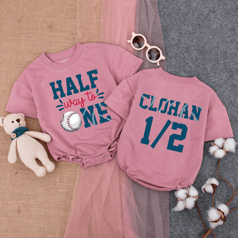 Custom Halfway to One Baseball Romper for Baby's Half Birthday, Soft Cotton Short Sleeve Outfit with Personalized Name, Milestone Gift