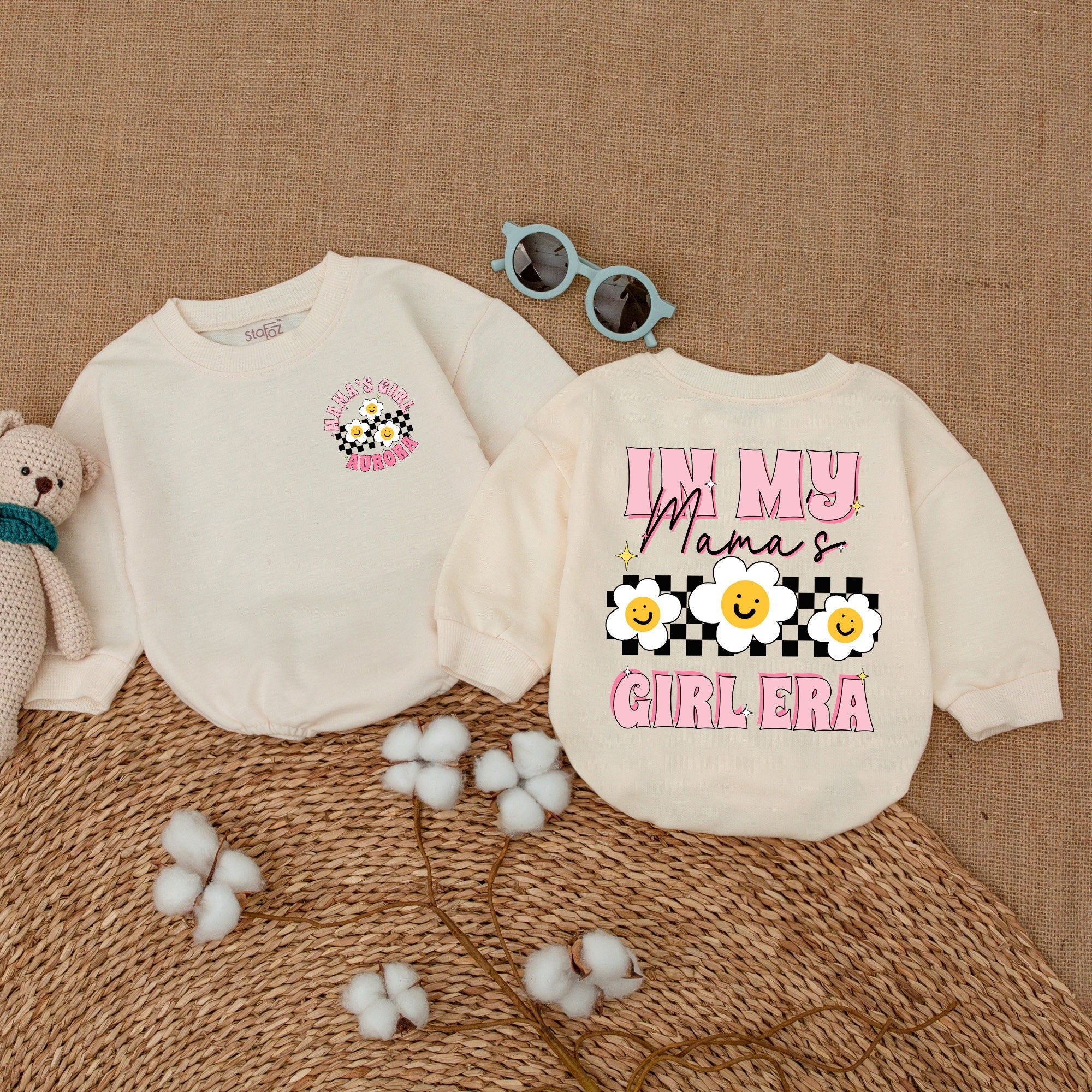 Personalized Mama's Girl Baby Romper with Smiley Daisy Faces Soft Cotton Baby Shower Outfit Vibrant Checkered Pattern Infant Clothes Gift