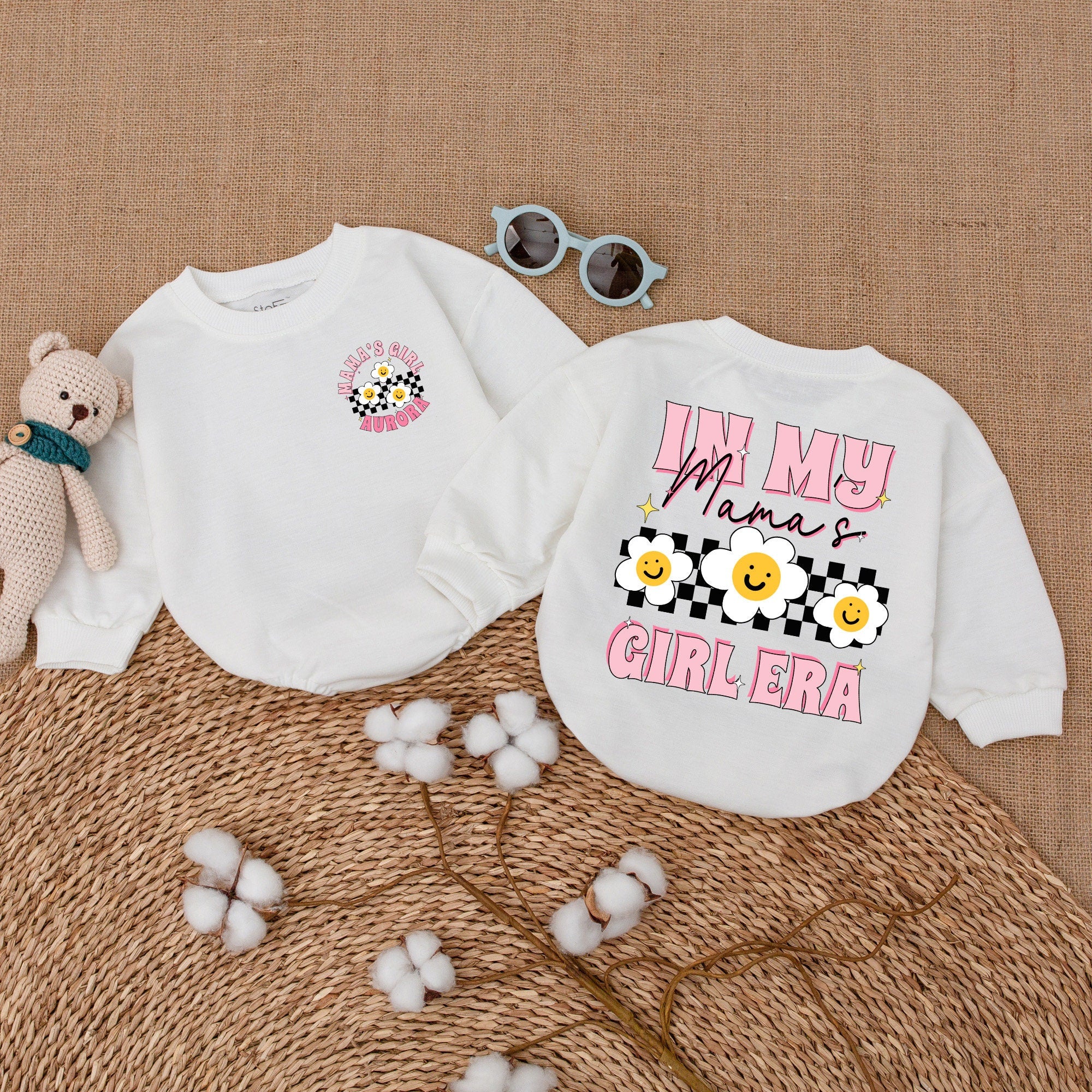 Personalized Mama's Girl Baby Romper with Smiley Daisy Faces Soft Cotton Baby Shower Outfit Vibrant Checkered Pattern Infant Clothes Gift