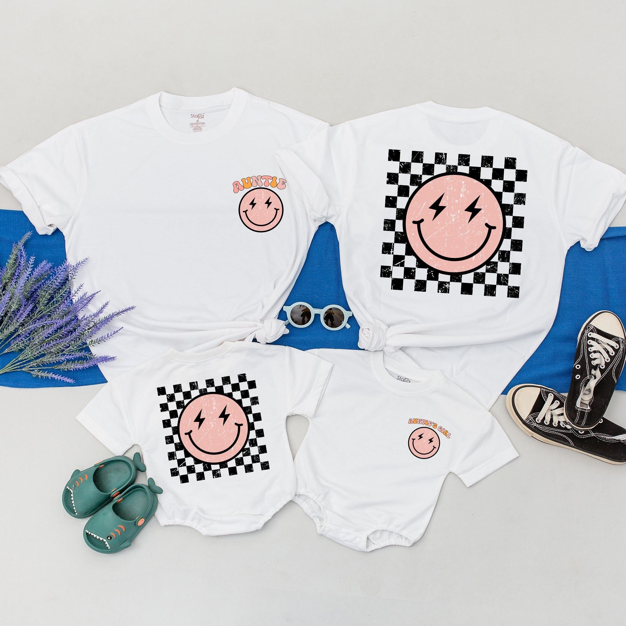 Personalized Auntie and Me Shirt with Pink Smiley Lightning Bolt Face Checkered Pattern Matching Family Outfit Custom Names Cotton Gift