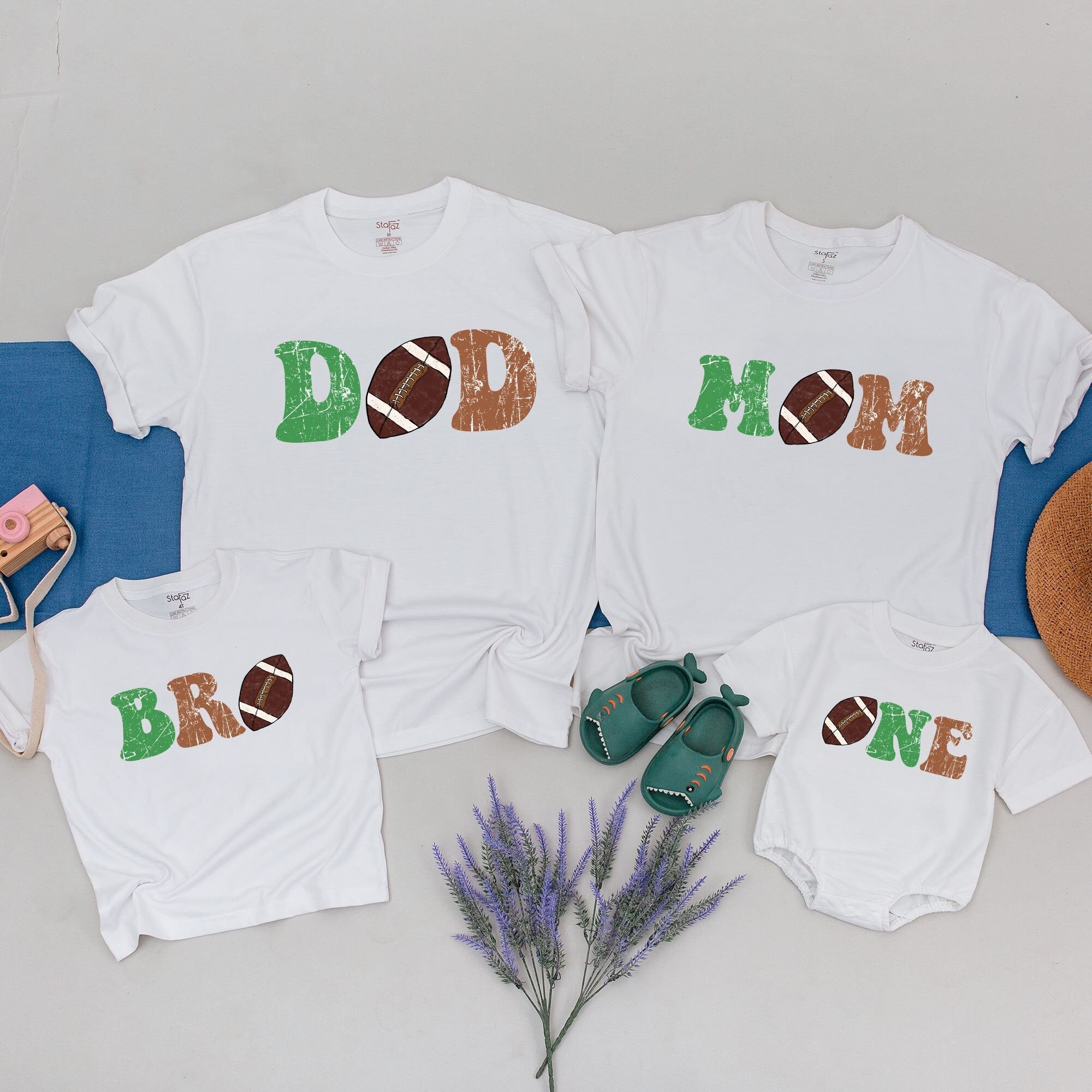 Football Family Matching Shirts Personalized Birthday Outfit Custom Names Sporty 1st Year Down Celebration Soft Cotton Playful Design