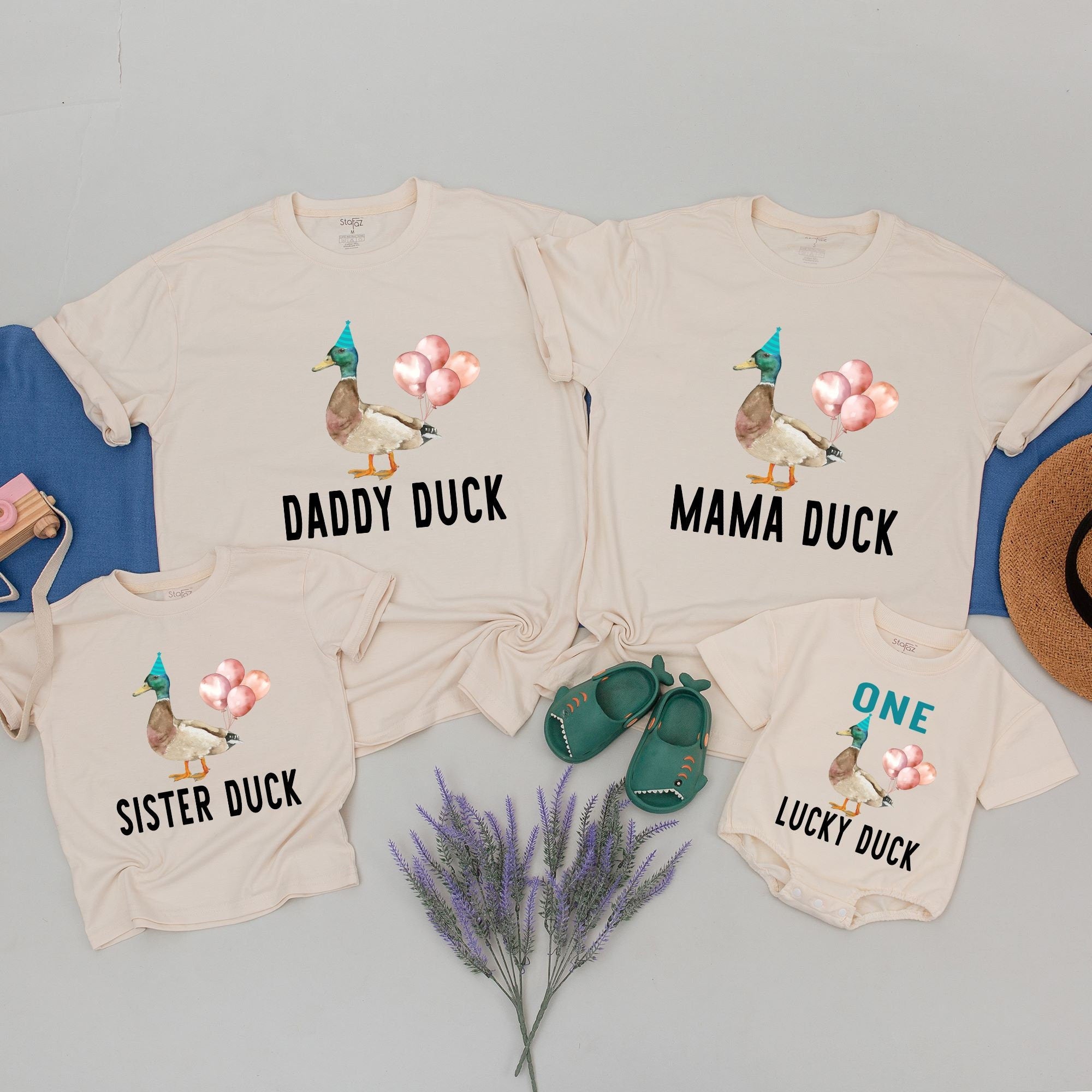One Lucky Duck Matching Family Birthday Shirts Custom Names Party Hat Pink Balloons Birthday Outfits Cotton for Baby Toddler First Birthday