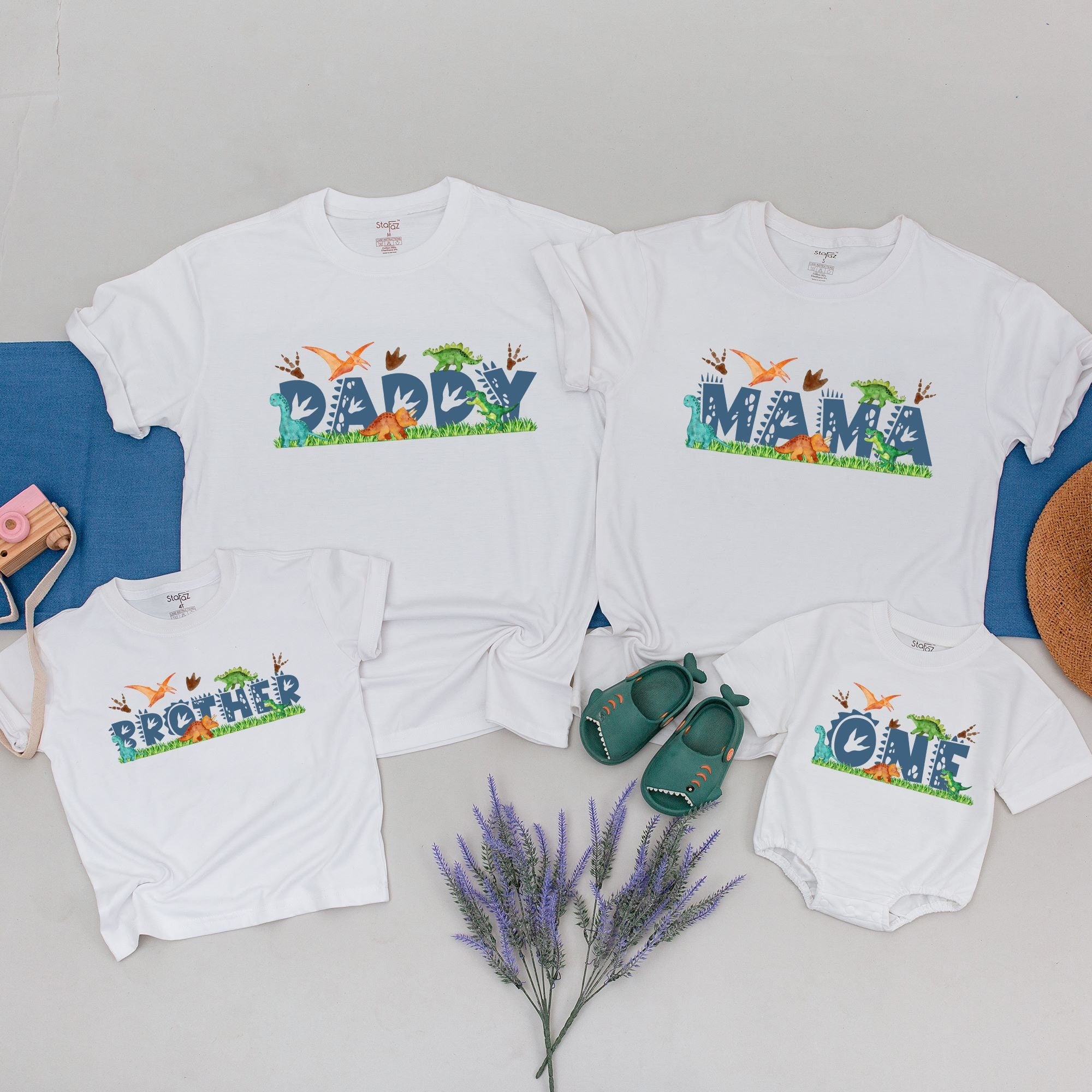 Personalized Matching Dino Family Tees for Birthday Celebrations Custom Names Dinosaur Design Cotton Soft Mom Dad Kids 1st Birthday Gift