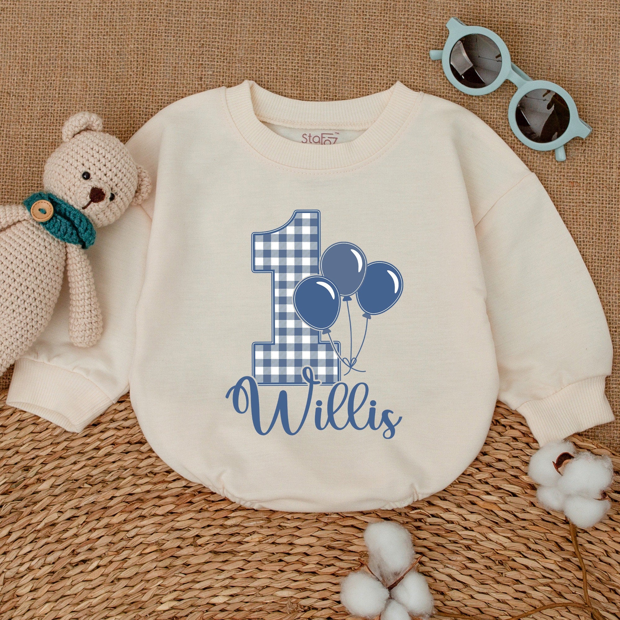 Custom Baby Romper with Name, Blue Gingham Smash Cake Outfit
