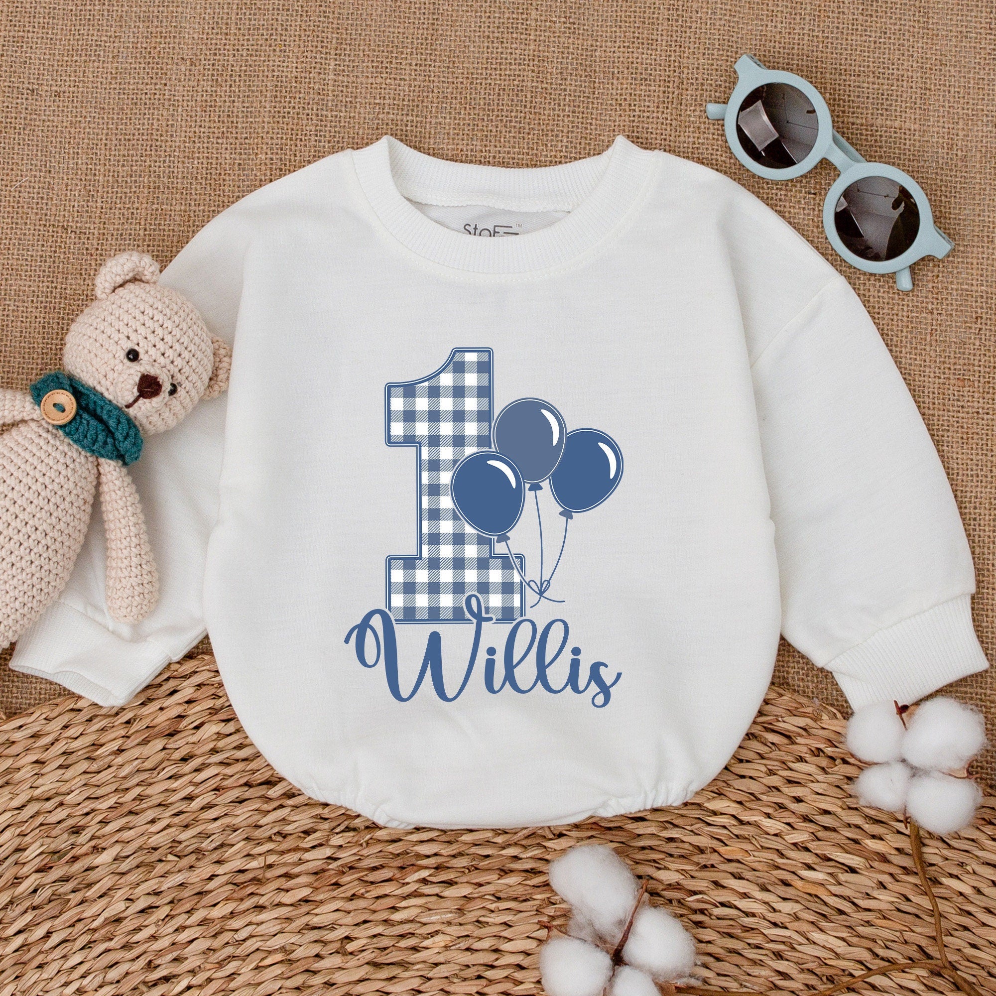 Custom Baby Romper with Name, Blue Gingham Smash Cake Outfit