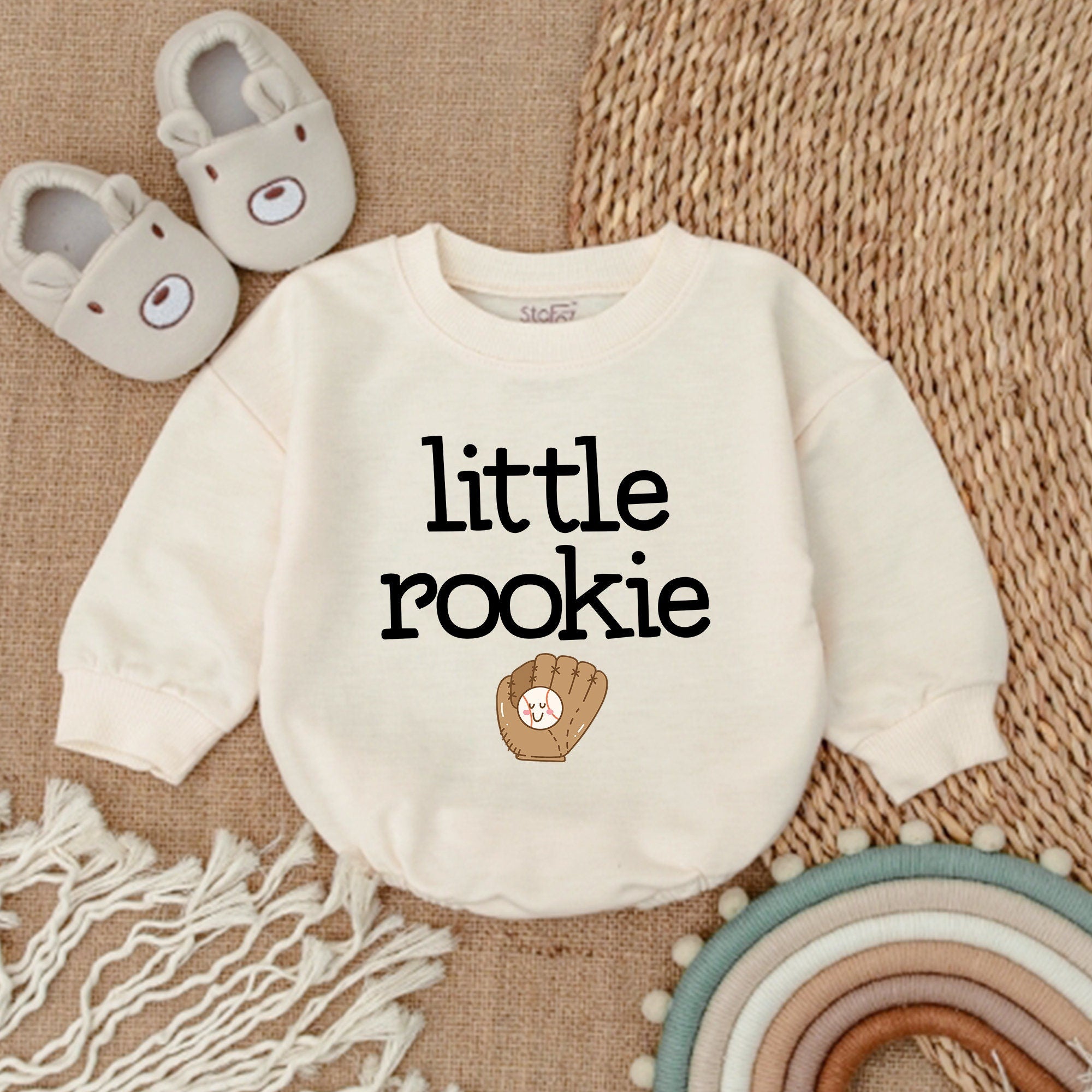 Little Rookie Baseball Romper Baby Boy Gift Father's Day Bodysuit Cotton Soft Game Day Outfit Brown Glove White Ball Red Stitching