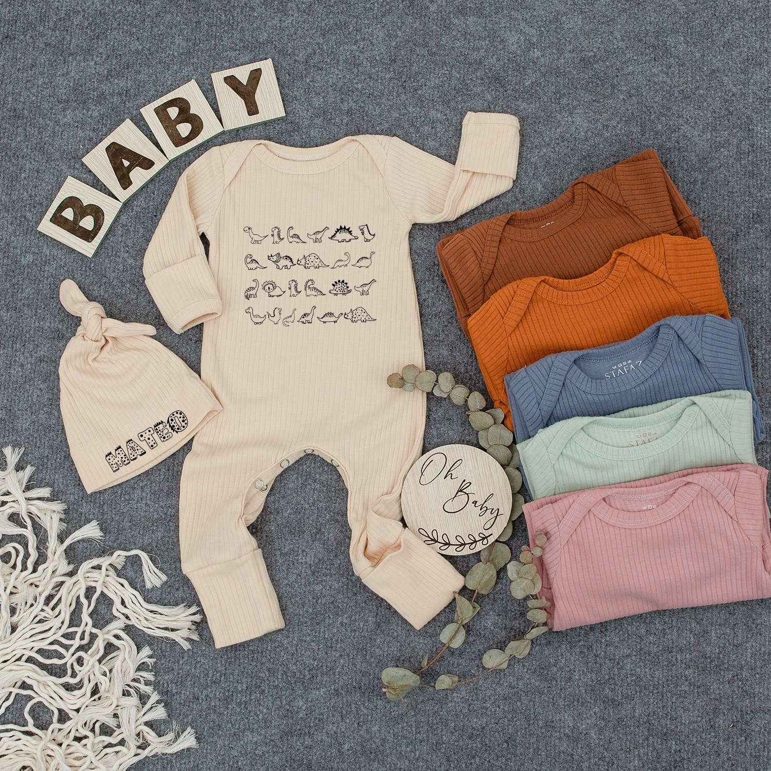Custom Cute Dinosaur Baby Bodysuit Soft Newborn Outfit Perfect Going Home Keepsake Personalize Name on Hat Minimalist Design