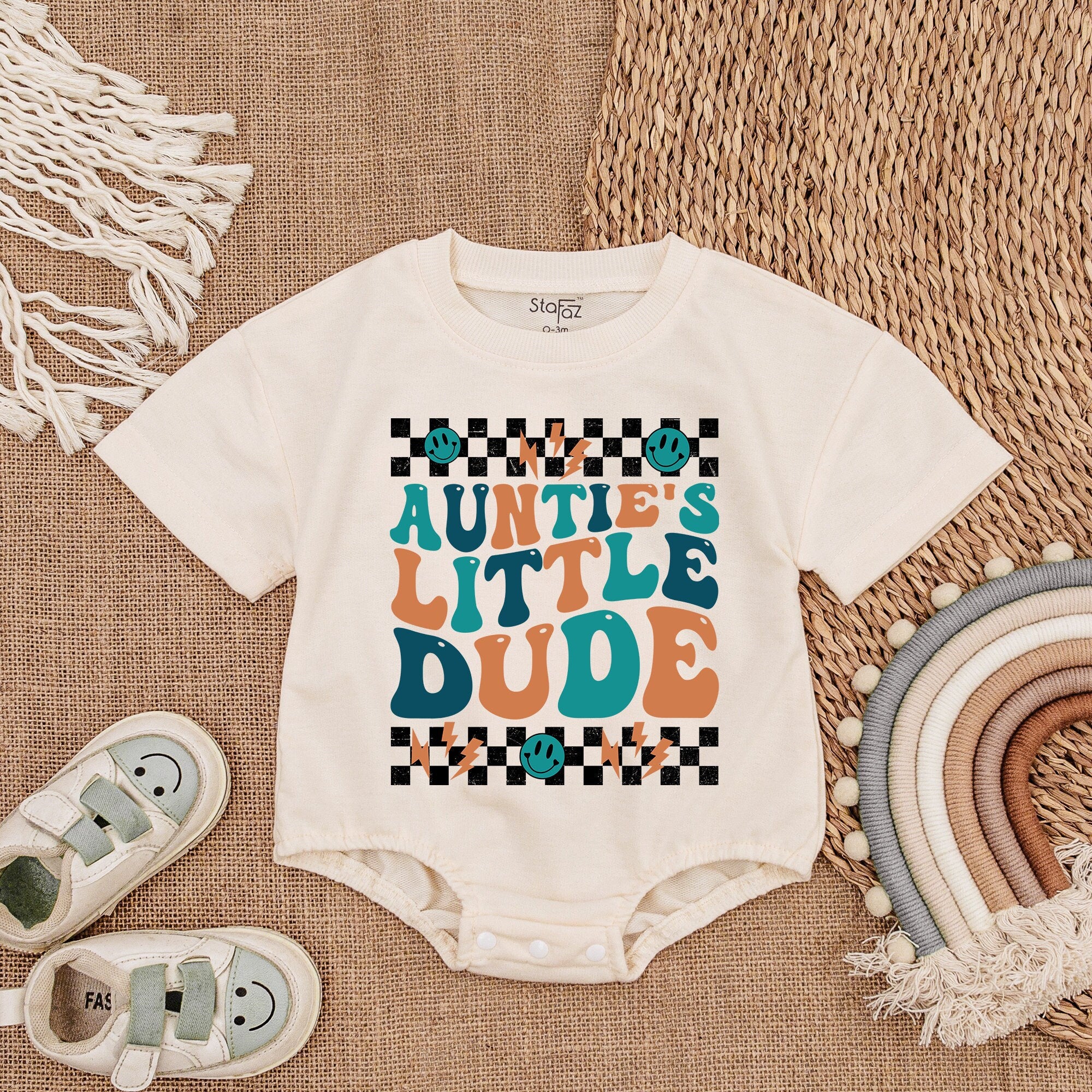 Auntie's Little Dude Baby Romper with Checkered Design