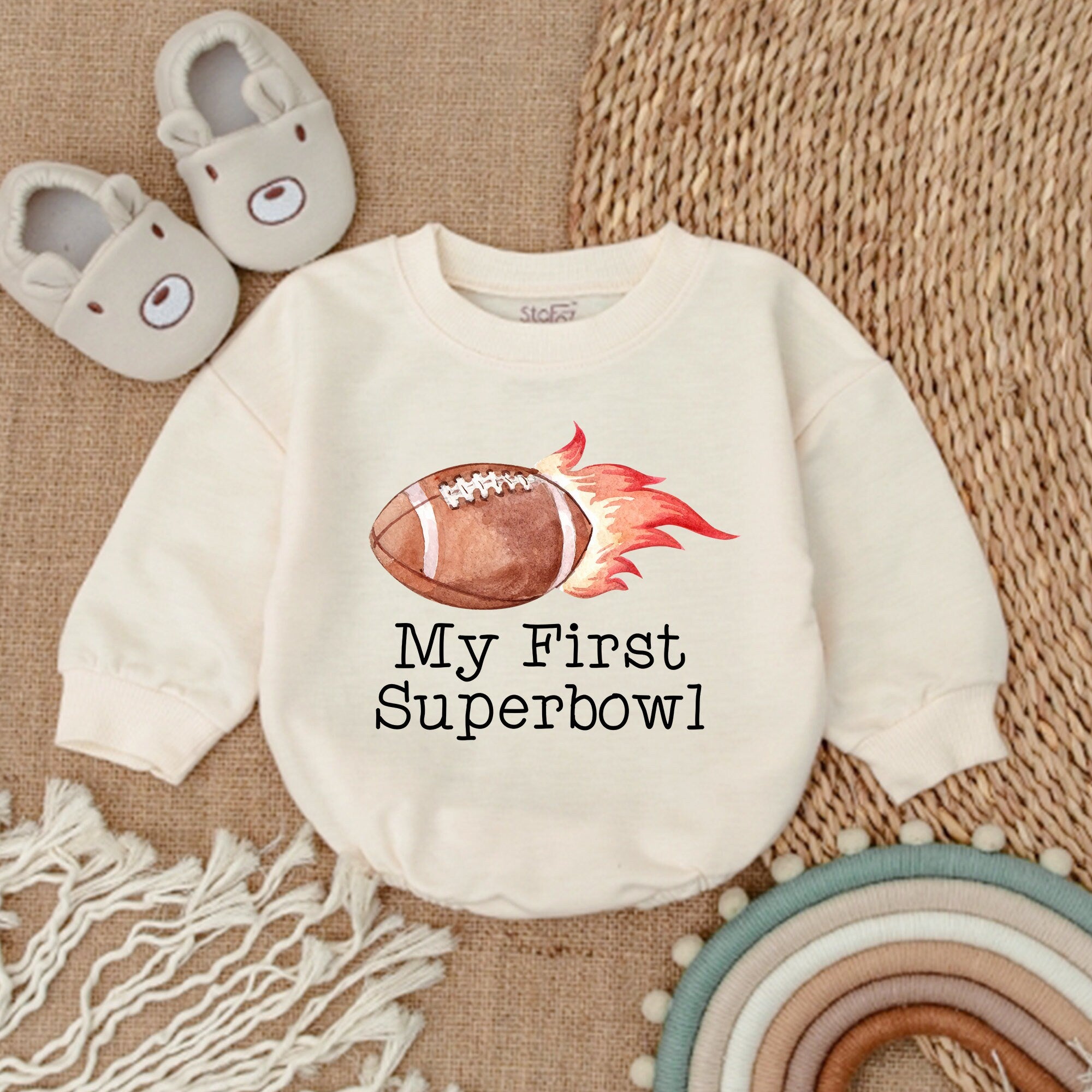 My First Superbowl Baby Romper with Football and Flame Design Newborn Game Day Outfit Fun and Energetic Clothing Gift for Baby Boy Girl