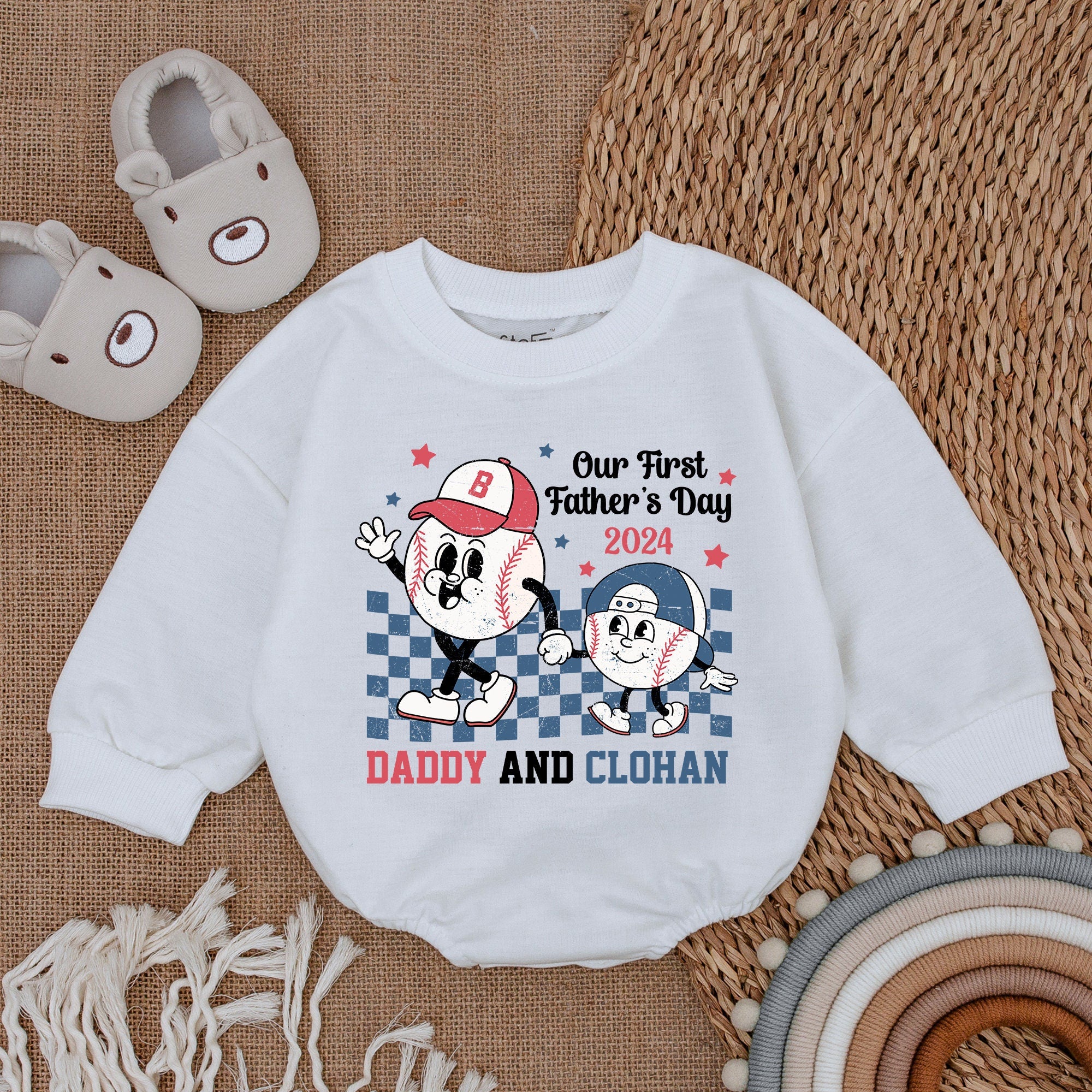 Custom Baby Boy Romper Our First Father's Day 2024 Baseball Outfit Daddy and Clohan Design Checkered Pattern Gift for Dad Son