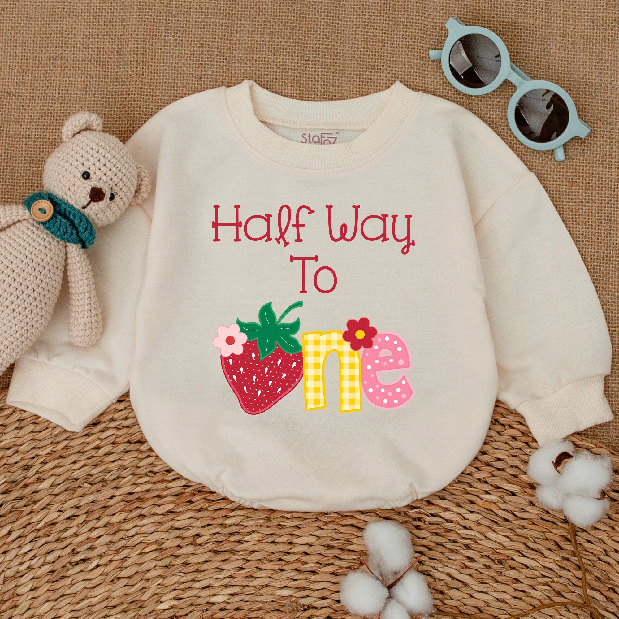 Half Way To One Baby Romper Cheerful Strawberry Design Half Birthday Outfit Soft Cotton Infant Six Month Celebration Gift