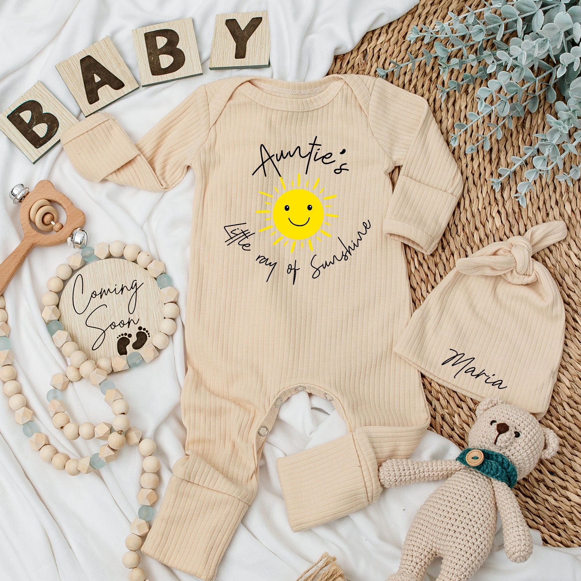 Auntie's Little Ray of Sunshine Baby Bodysuit and Hat Set Newborn Gift Cotton Long Sleeve Outfit Personalized Name Option