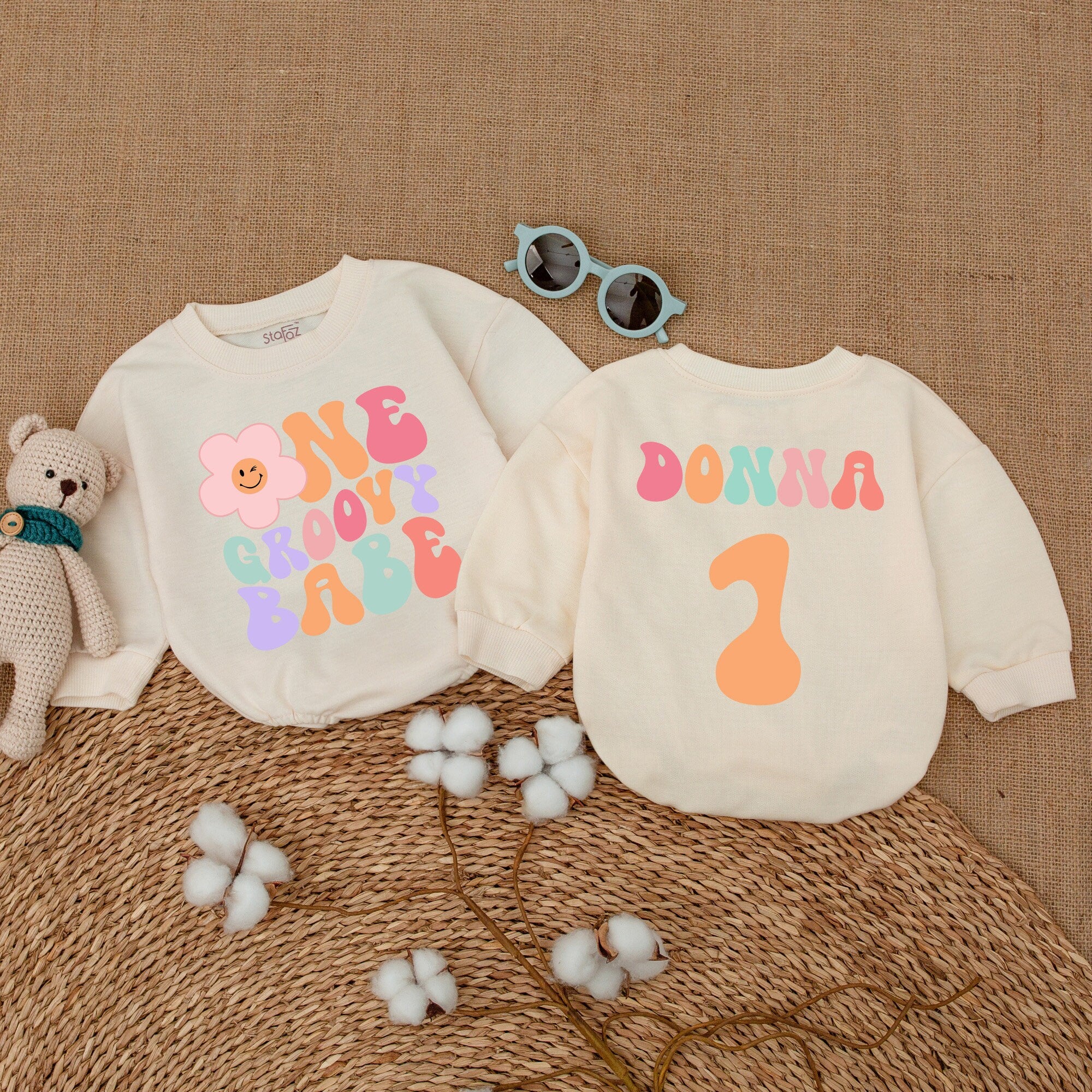 Personalized Groovy Babe Birthday Romper with Retro Colors