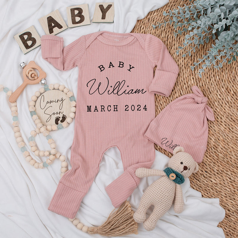 Personalized Baby Girl Coming Home Outfit Elegant Vintage Bodysuit Romper Hat Set March 2024 Newborn Gift Custom Name Announcement