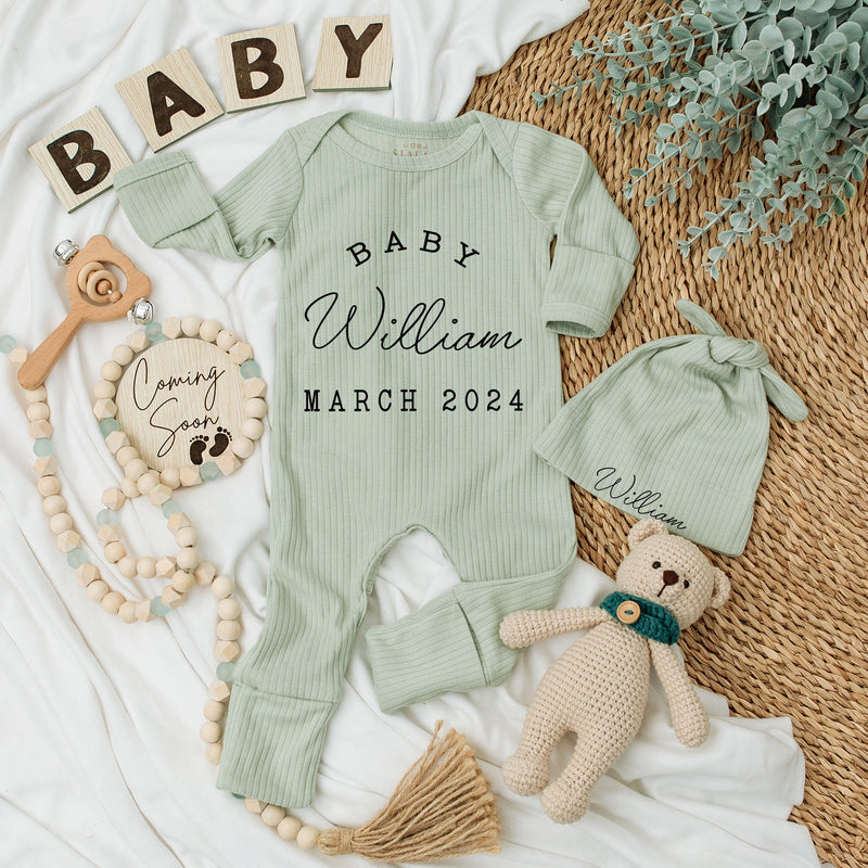 Personalized Baby Girl Coming Home Outfit Elegant Vintage Bodysuit Romper Hat Set March 2024 Newborn Gift Custom Name Announcement