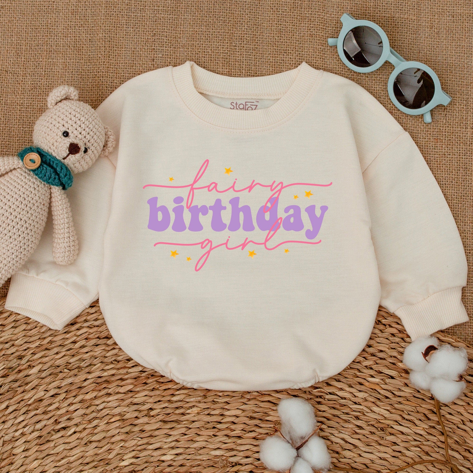 Fairy Birthday Girl Romper with Stars Magical Baby Outfit Pink Purple Script Design Soft Cotton Infant Celebration Party Gift