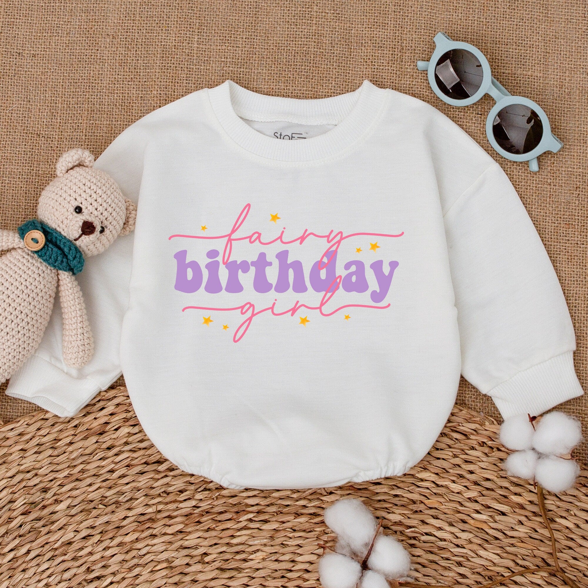 Fairy Birthday Girl Romper with Stars Magical Baby Outfit Pink Purple Script Design Soft Cotton Infant Celebration Party Gift
