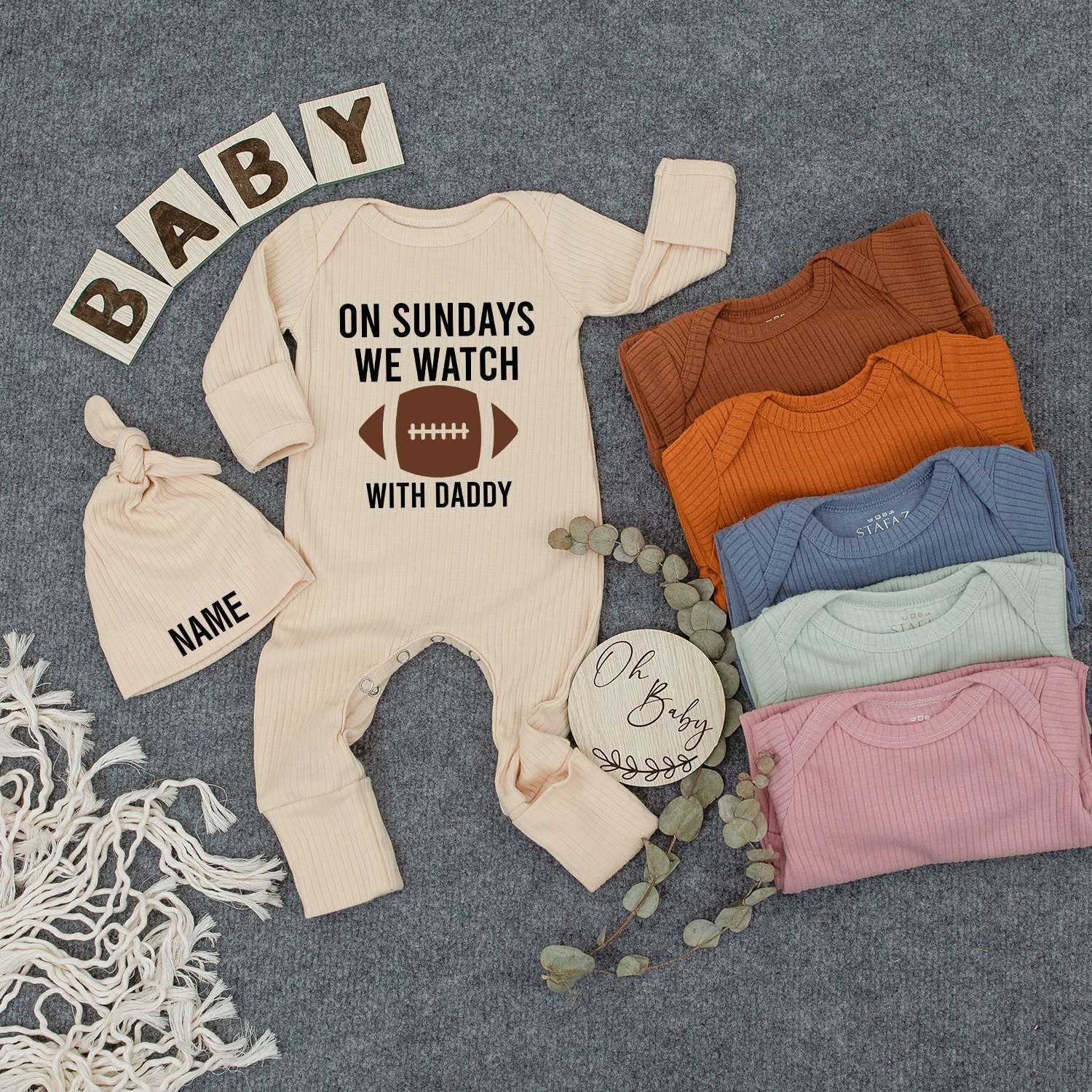 Custom Baby Romper ON SUNDAYS WE WATCH WITH DADDY Outfit Newborn Gift Brown Football Hat Soft Cotton Playful Family Clothes