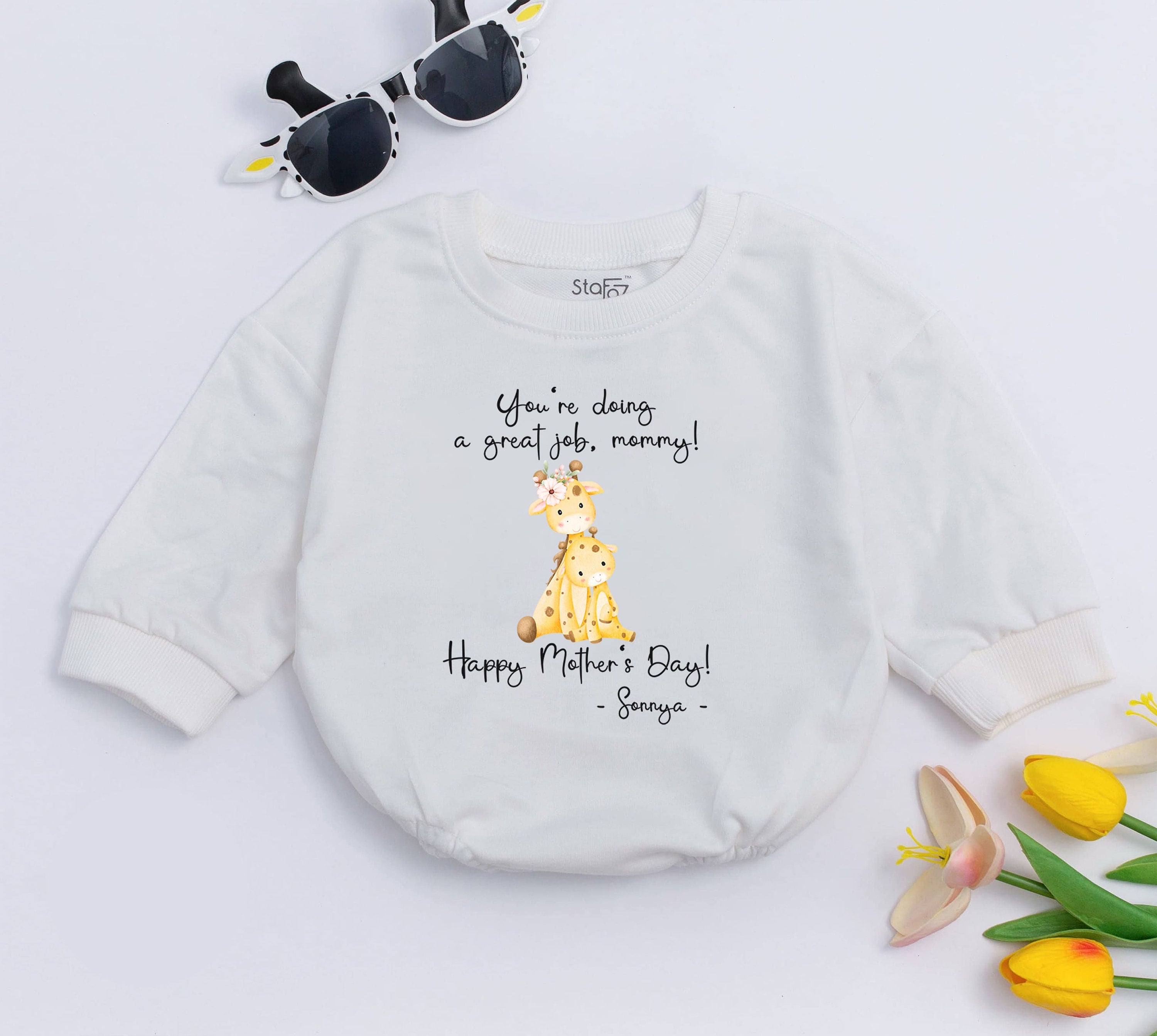 Personalized You're Doing a Great Job Mommy Baby Romper with Giraffes Mother's Day Infant Outfit First Baby Clothes Soft Pastel Design