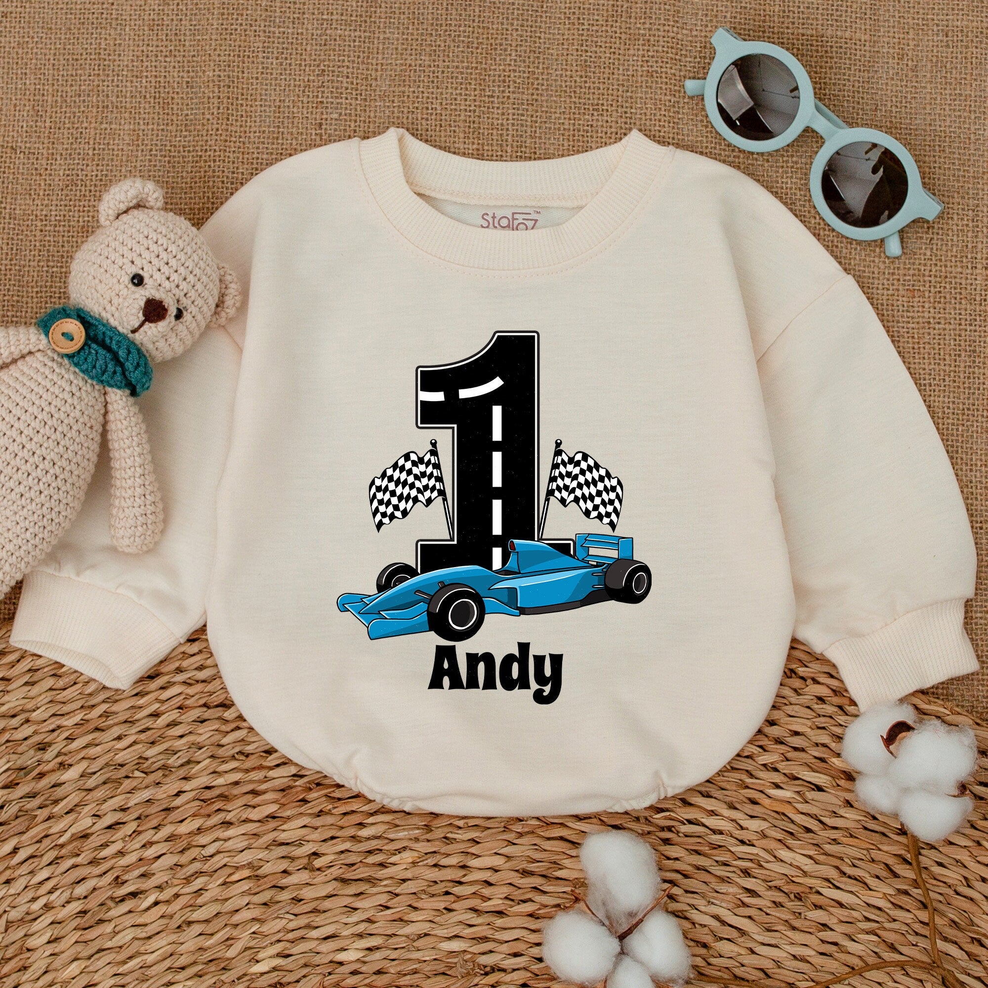 Personalized Baby Boy Romper with Black Number 1 Blue Race Car Checkered Flags Birthday Outfit Soft Cotton Infant Gift Celebration