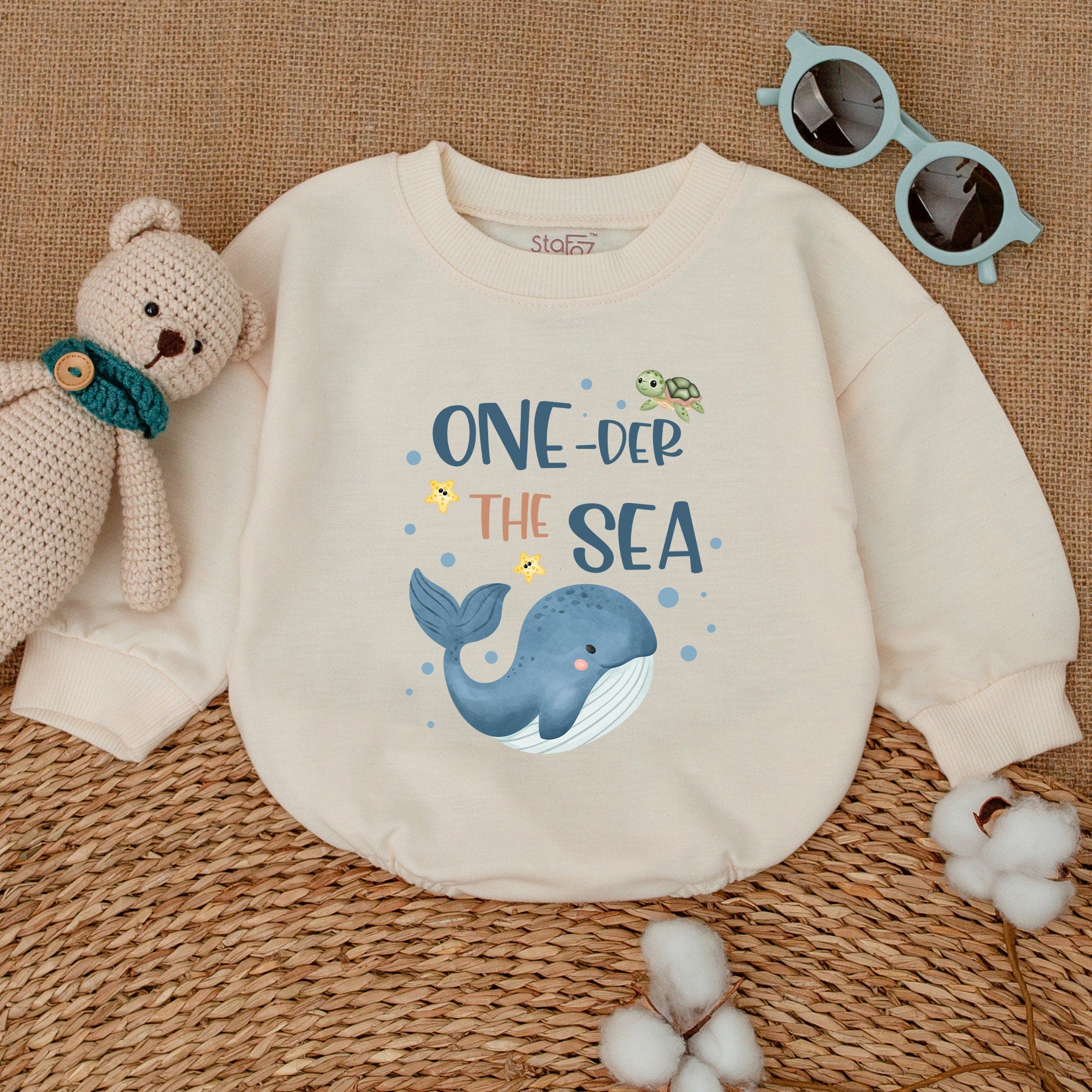 One-Der the Sea Baby Girl Romper with Blue Whale Turtle Starfish Birthday Outfit Ocean Party Smash Cake Cotton Comfortable Gift