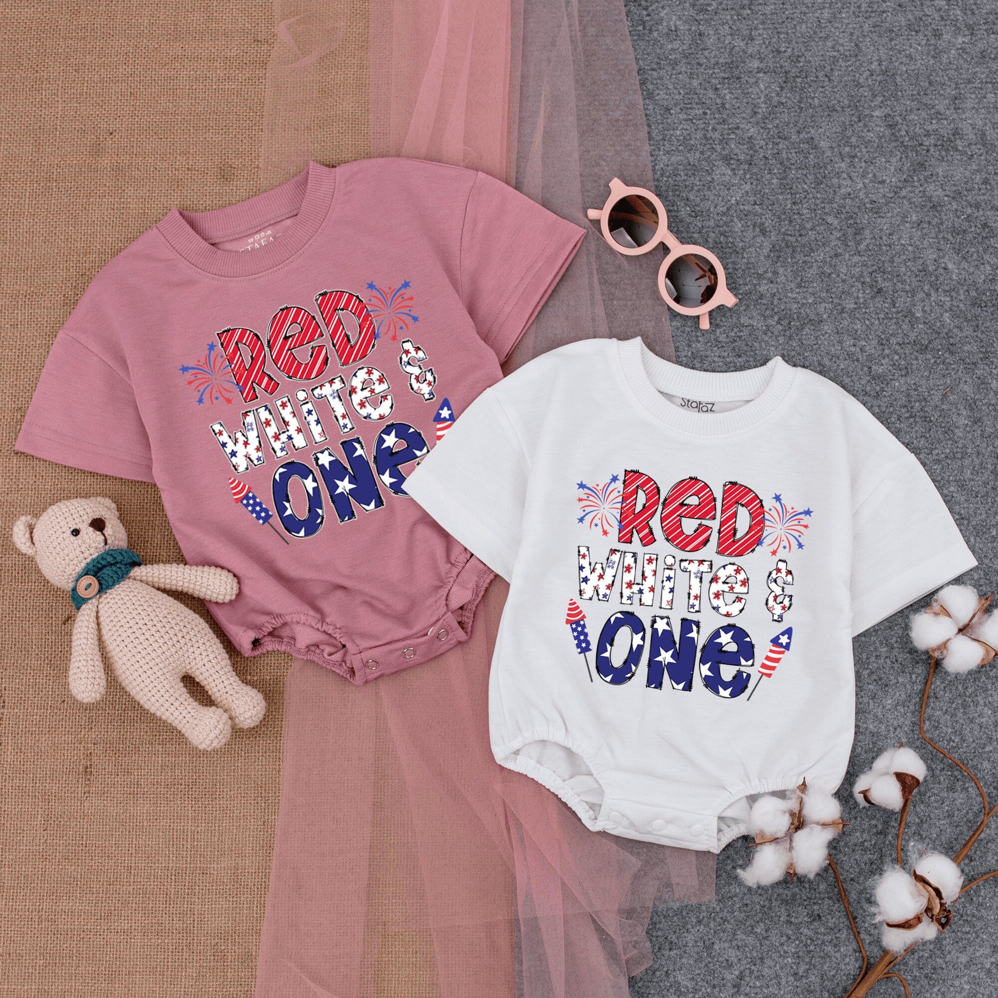 Red White One Bubble Romper 1st July 4th Birthday Outfit Toddler Baby Cotton Soft Comfortable Patriotic Holiday Celebration