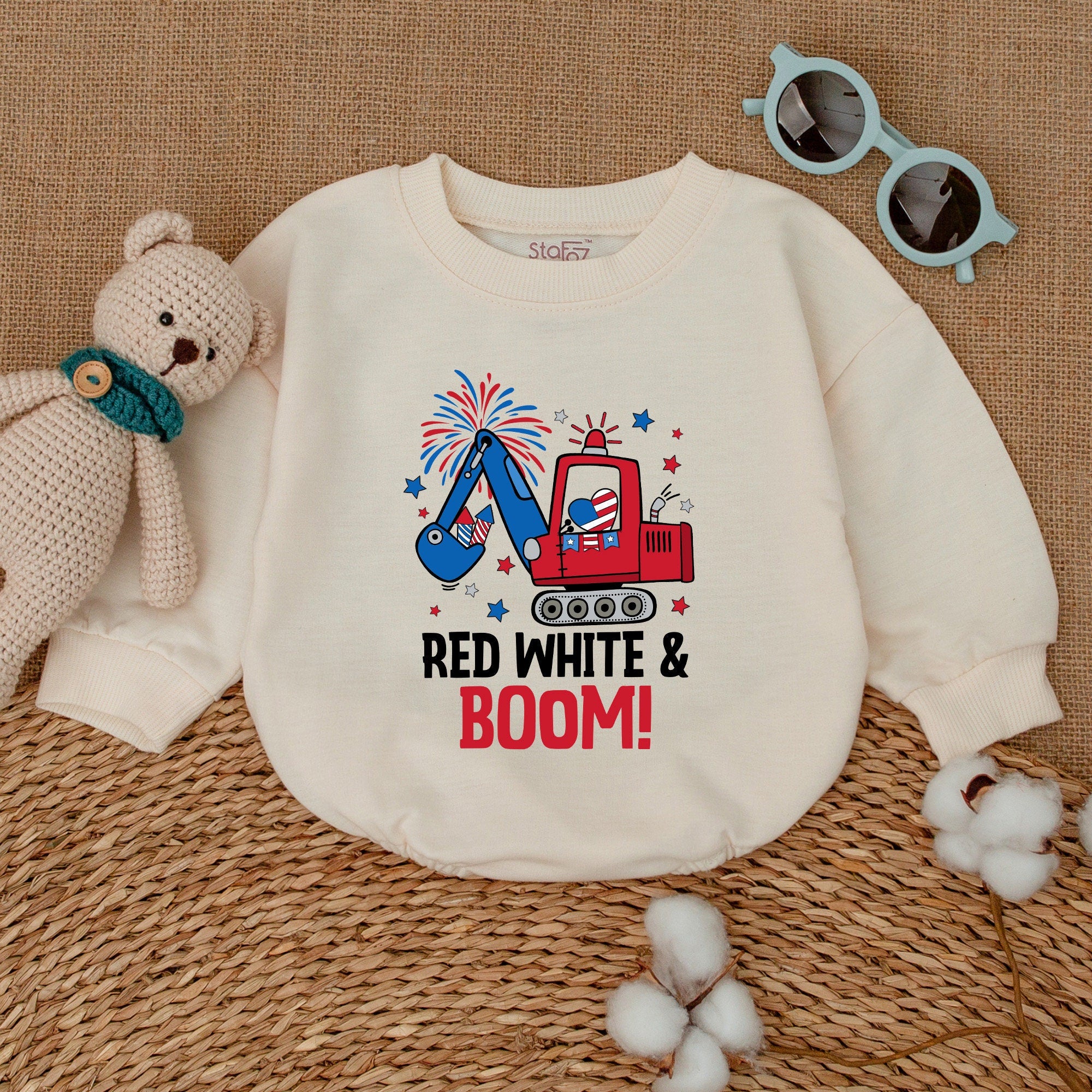 Red White & Boom Patriotic Excavator Baby Romper 4th of July Outfit Toddler Infant Holiday Boys Girls Stars Fireworks Cotton Soft
