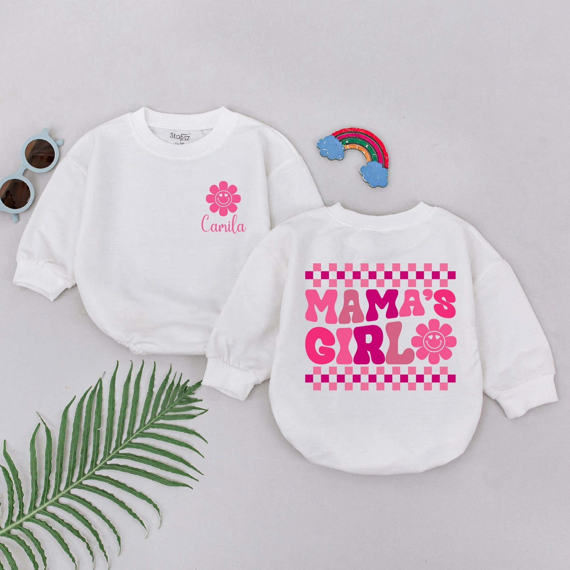 Personalized Camila Mama's Girl Baby Romper Checkered Pink Purple Flower Design Infant Outfit Mother's Day Gift Newborn Baby Shower