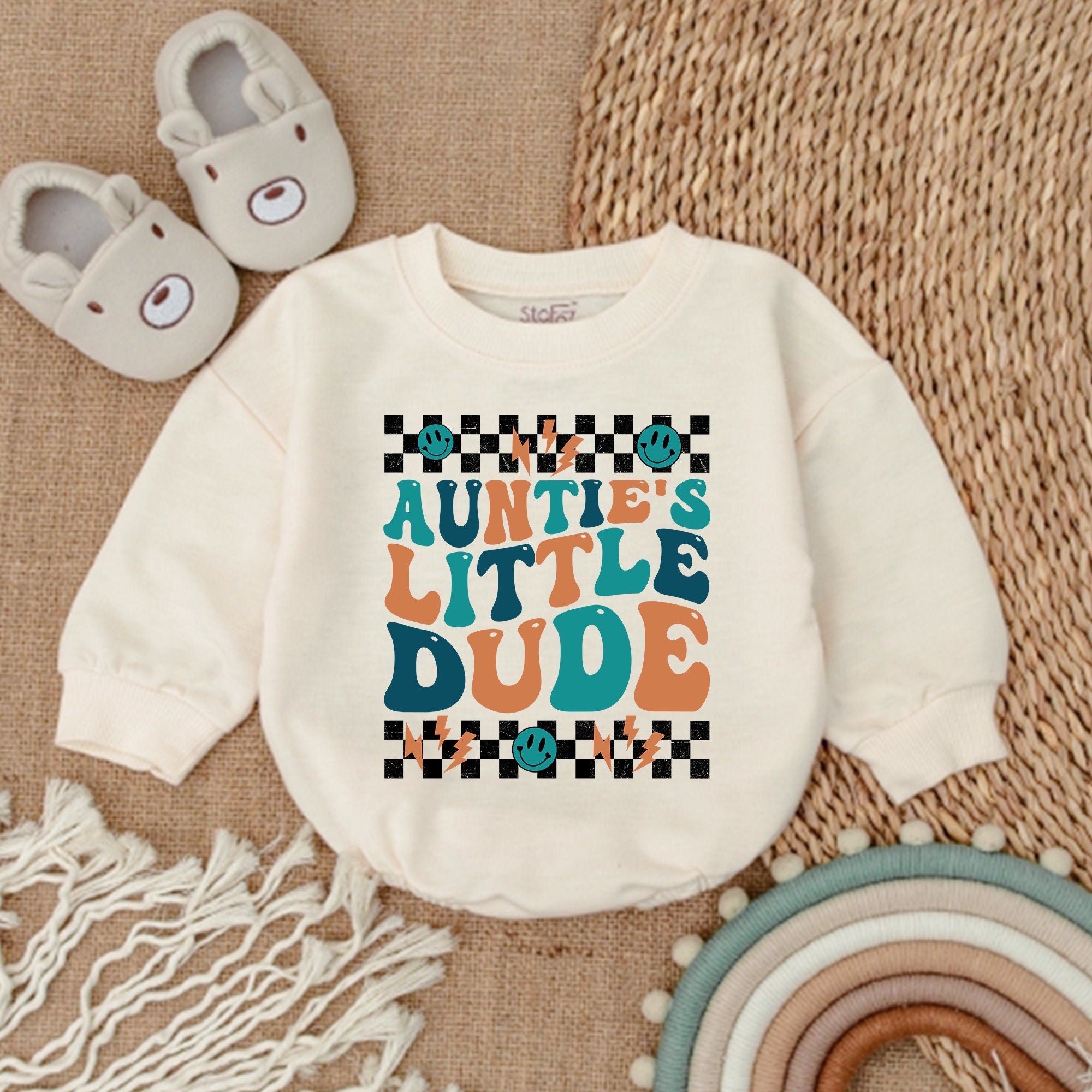 Auntie's Little Dude Baby Romper with Checkered Design