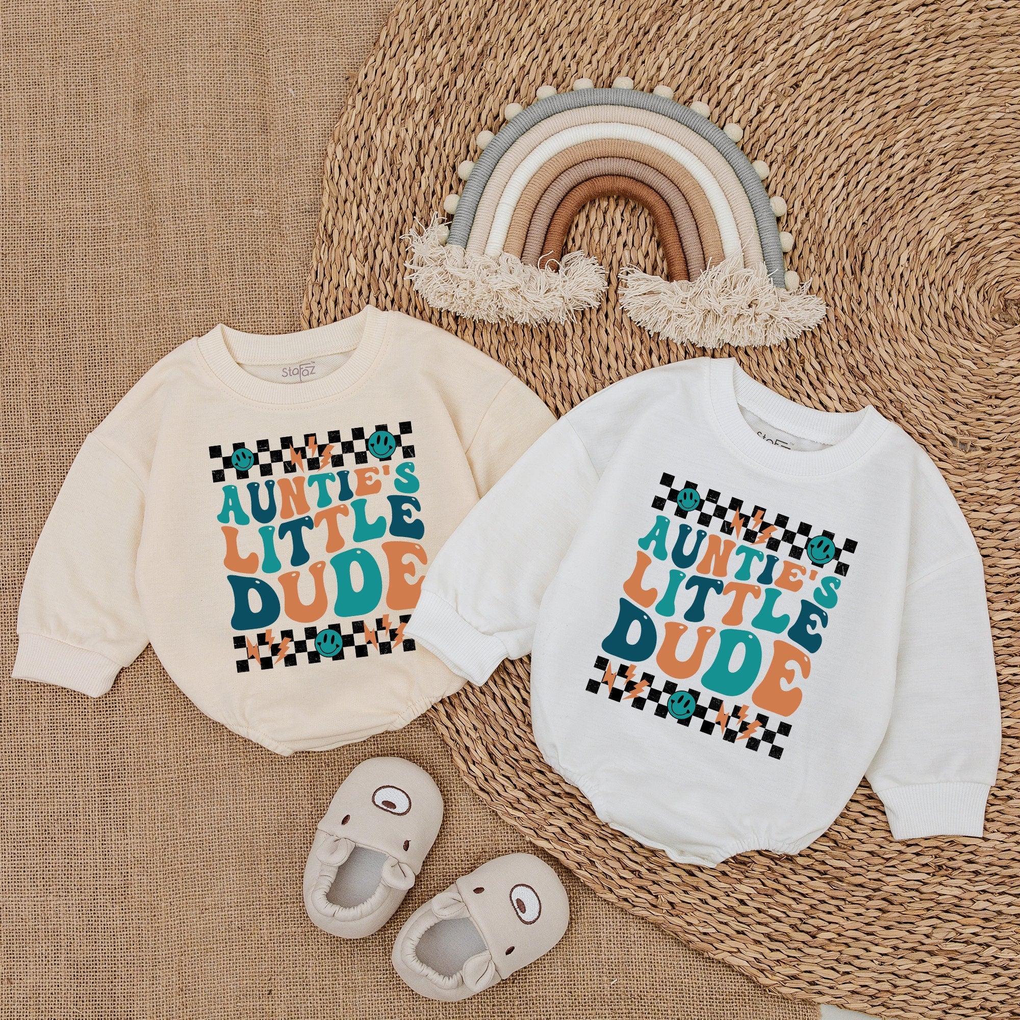 Auntie's Little Dude Baby Romper with Checkered Design