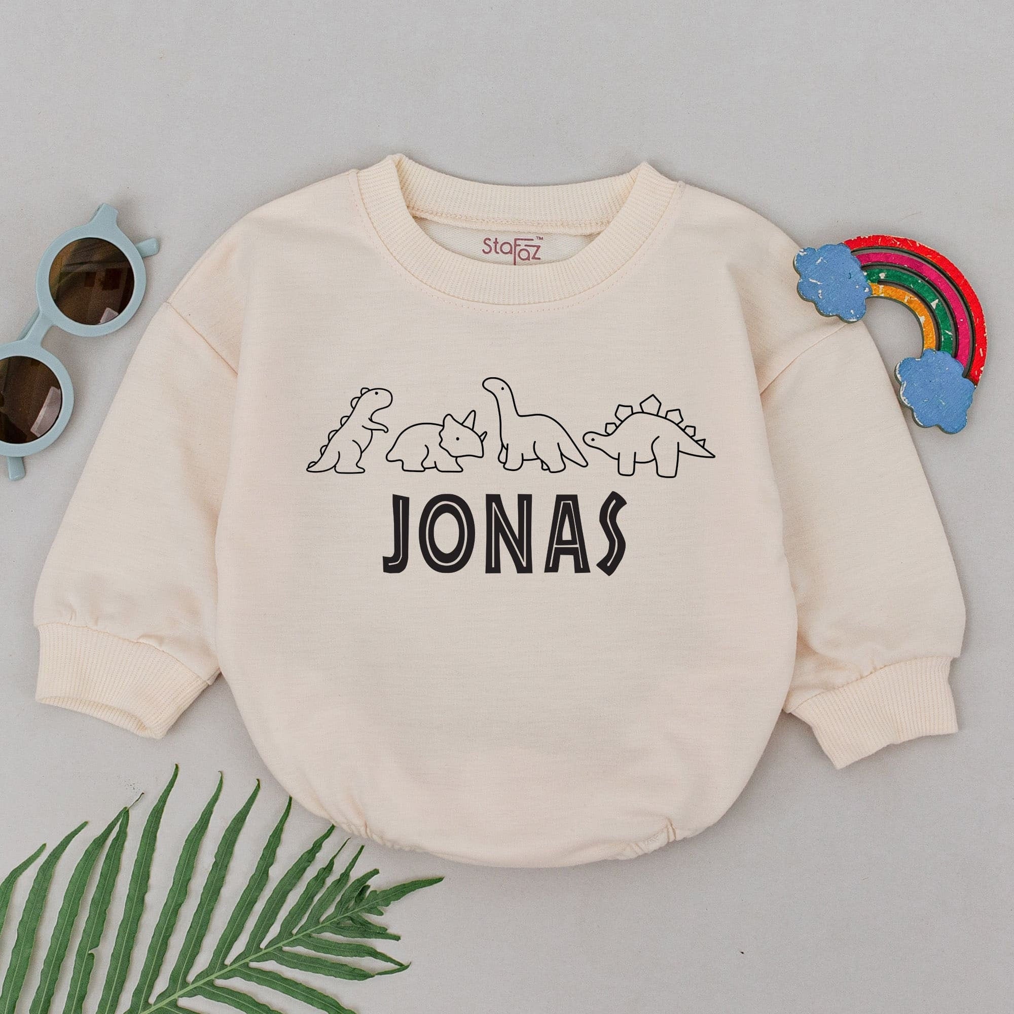 Personalized Dinosaur Baby Romper with T-Rex Triceratops Stegosaurus Names Fun Pink White Cotton Gift for Boys Girls Birthday Outfit