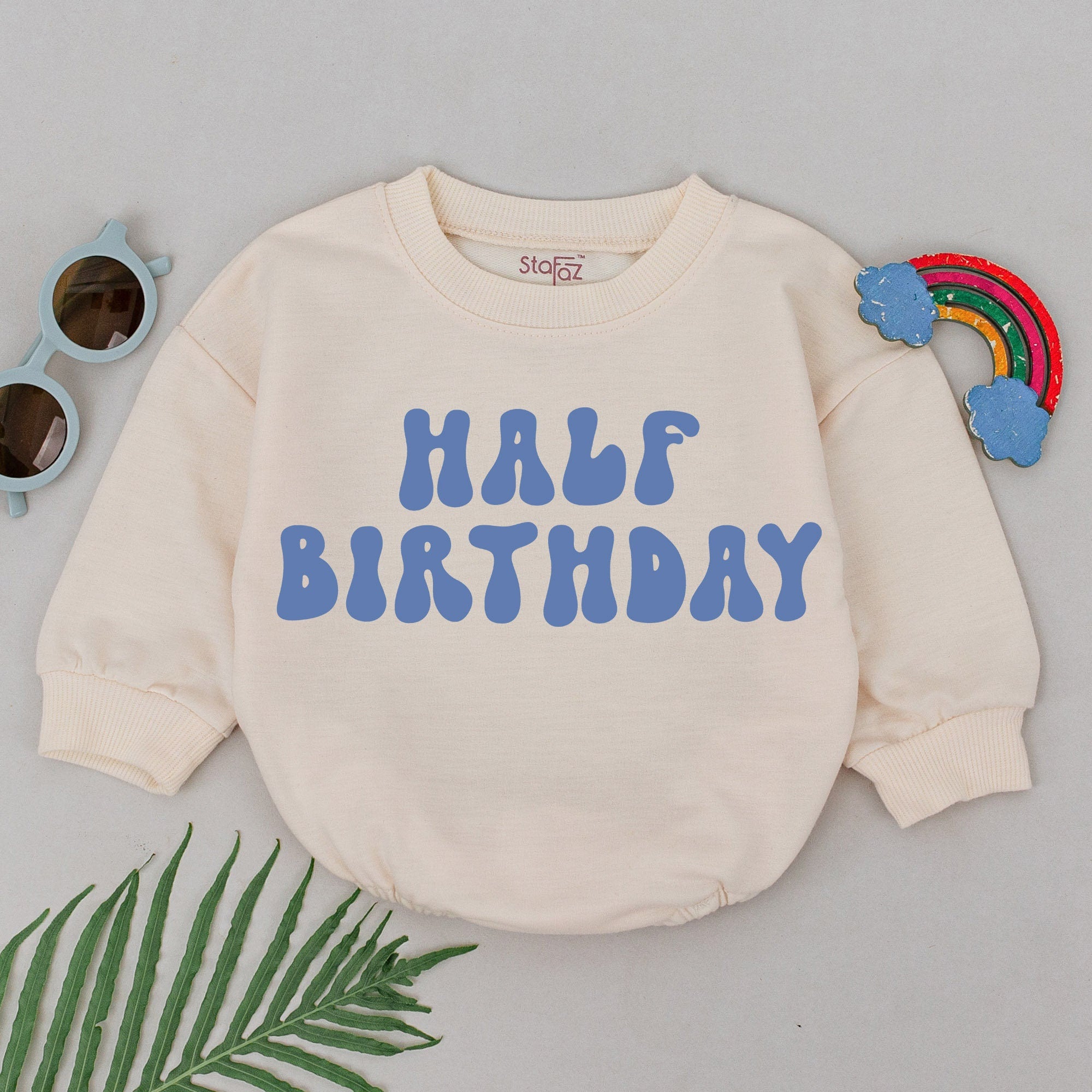 Half Birthday Baby Boy Romper in Soft Blue Rounded Font Natural Cotton Outfit for 6 Months Celebration Cute Newborn Clothes Gift