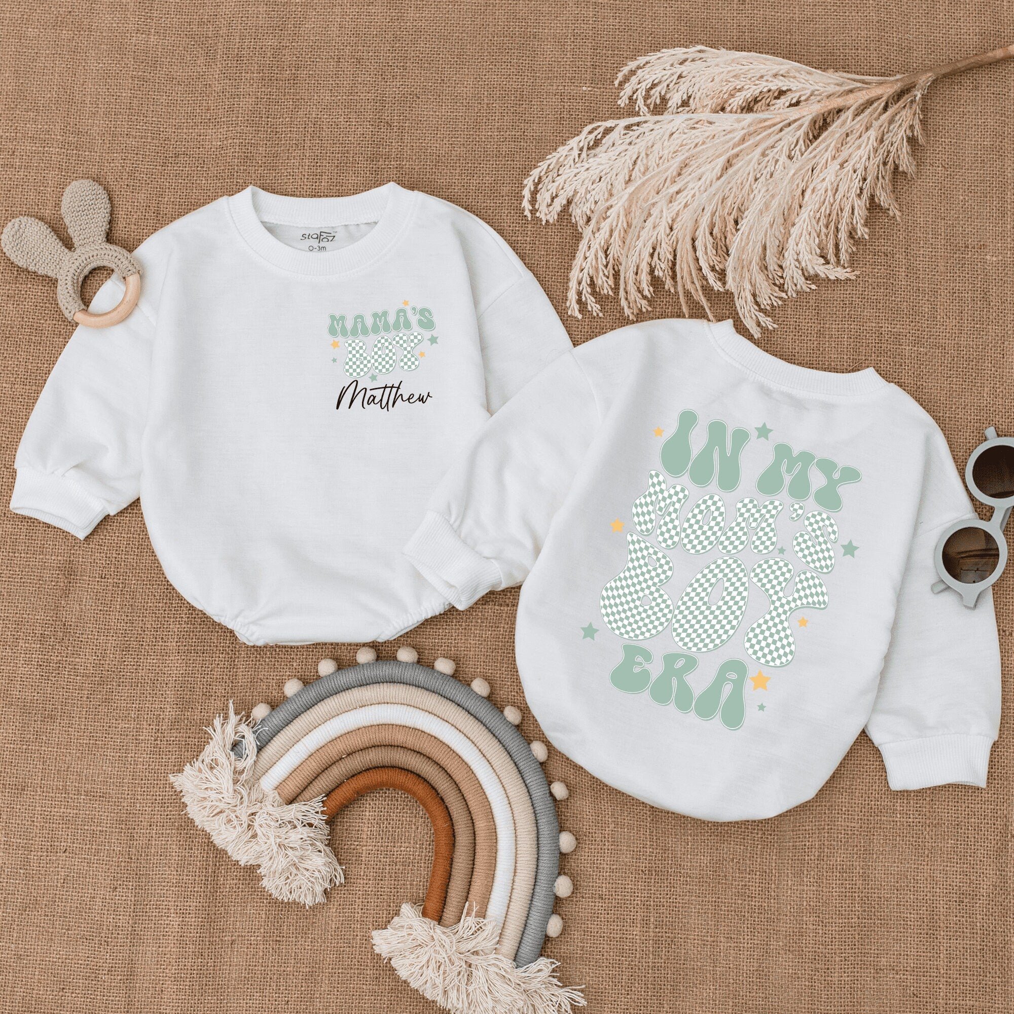 Mama's Little Star Baby Romper Custom Name Light Blue Cursive Script Checkered Pattern Heart Design 1st Mother's Day Gift Infant Outfit