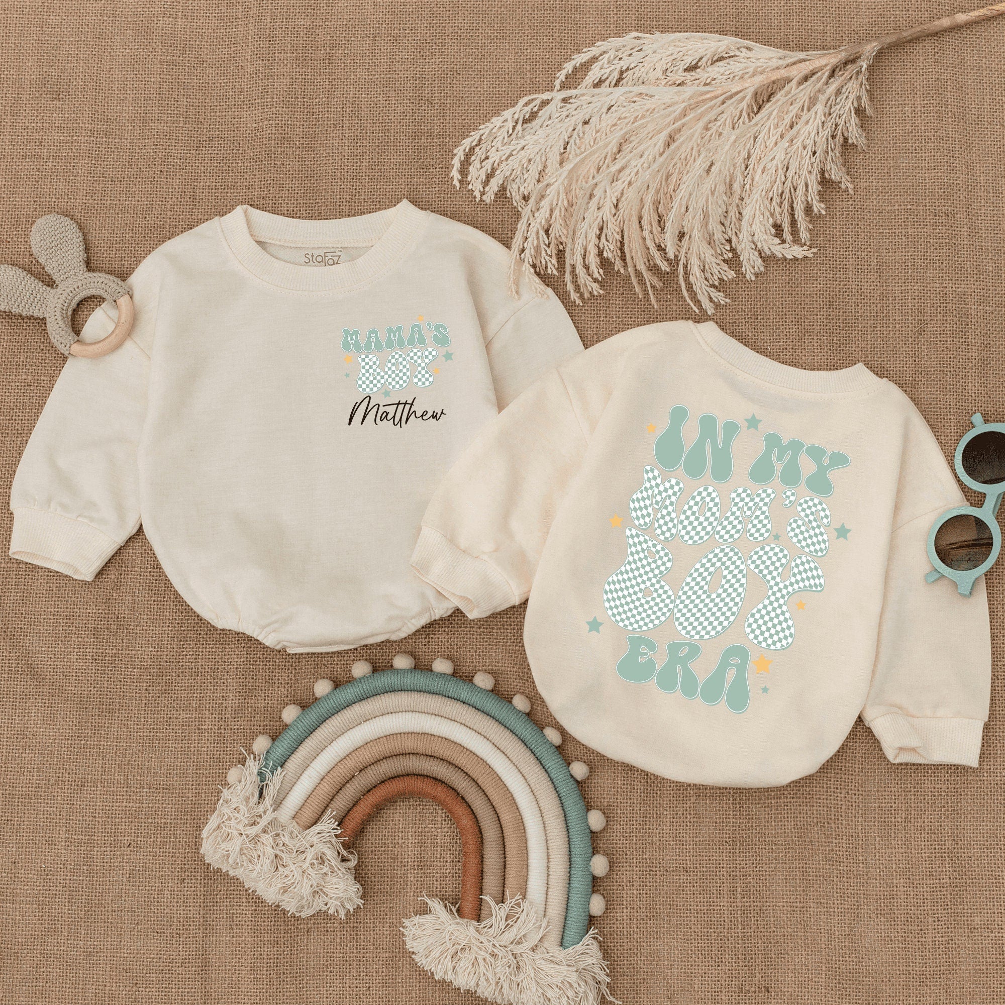 Mama's Little Star Baby Romper Custom Name Light Blue Cursive Script Checkered Pattern Heart Design 1st Mother's Day Gift Infant Outfit
