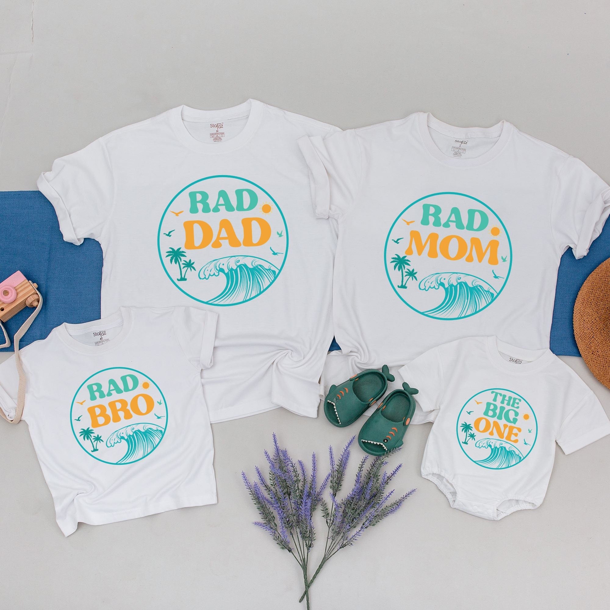 Rad Family Surf Birthday Tees Tropical Wave Design Matching Dad Baby Cotton Shirts Joyful Summer Outfits Custom Names