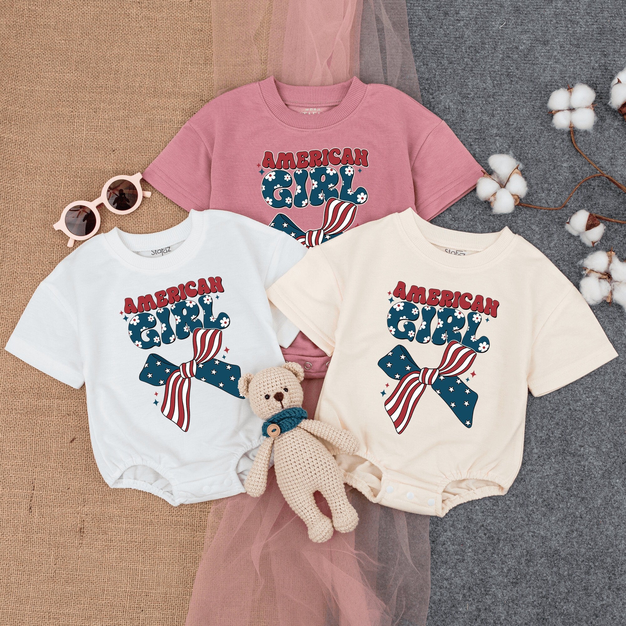 American Girl Retro Bubble Romper Patriotic Stars and Bow Design Soft Cotton Fourth of July Infant Outfit Vintage Style Baby Wear