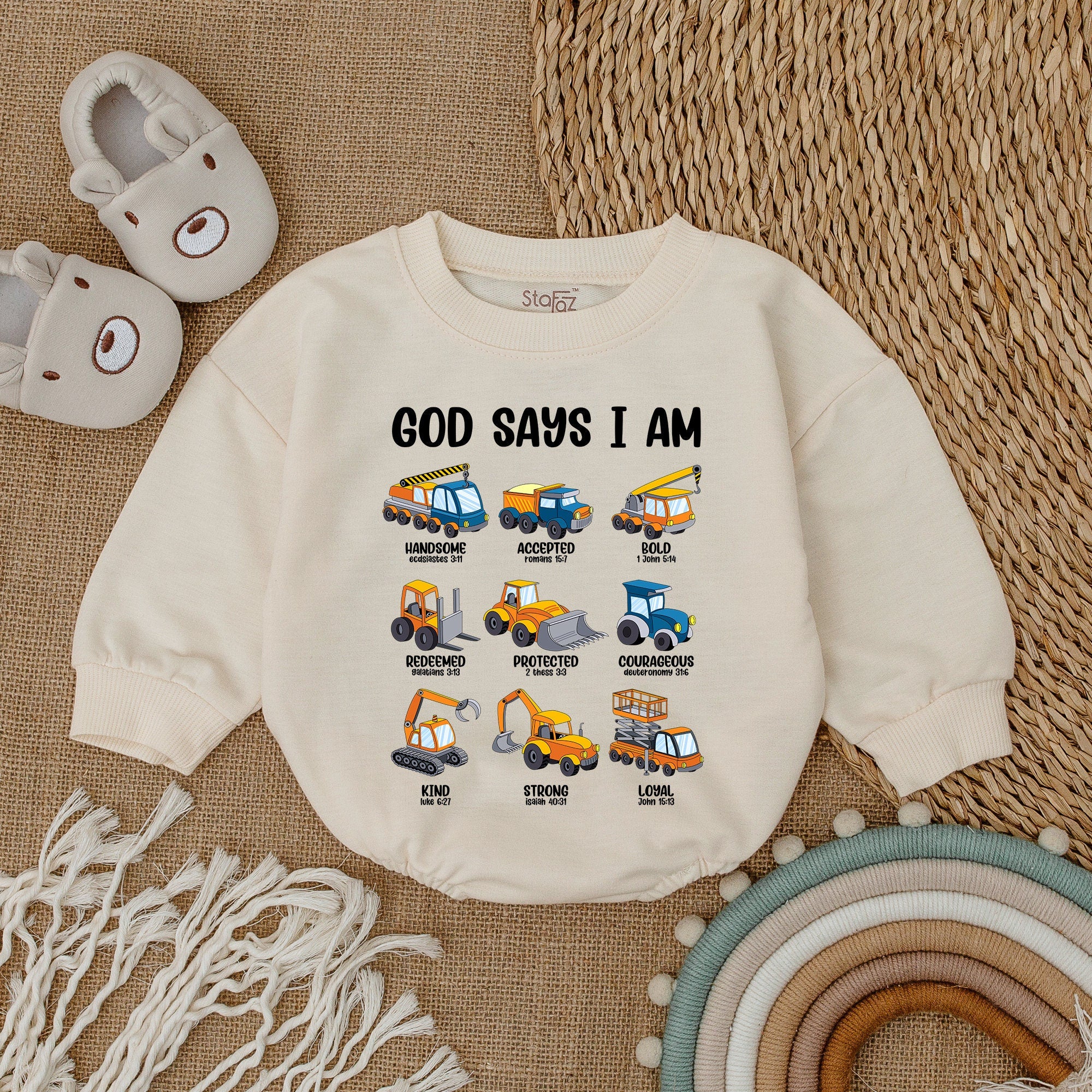 God Says I Am Baby Bodysuit Colorful Construction Vehicles Uplifting Christian Design Soft Cotton Infant Romper Gift