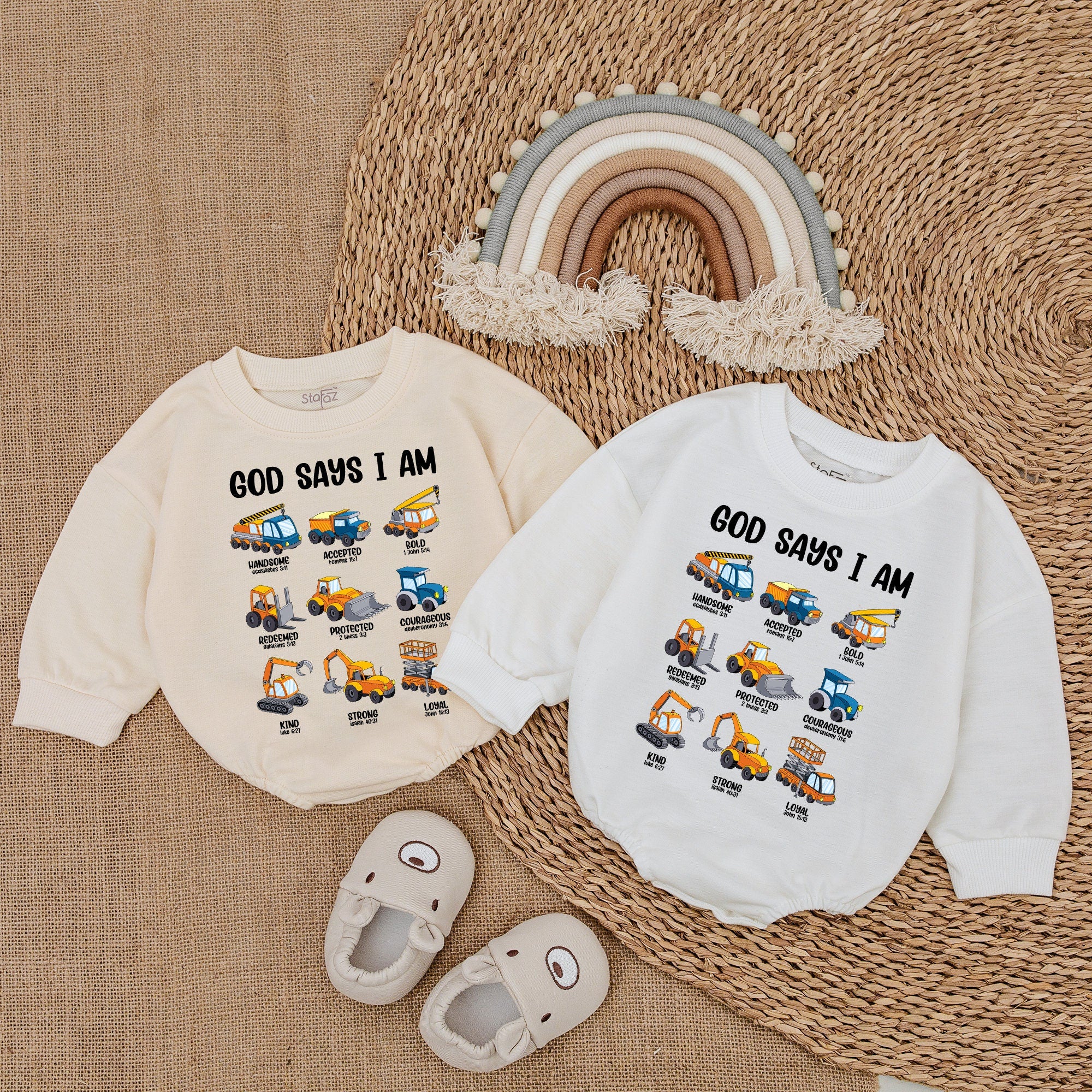 God Says I Am Baby Bodysuit Colorful Construction Vehicles Uplifting Christian Design Soft Cotton Infant Romper Gift