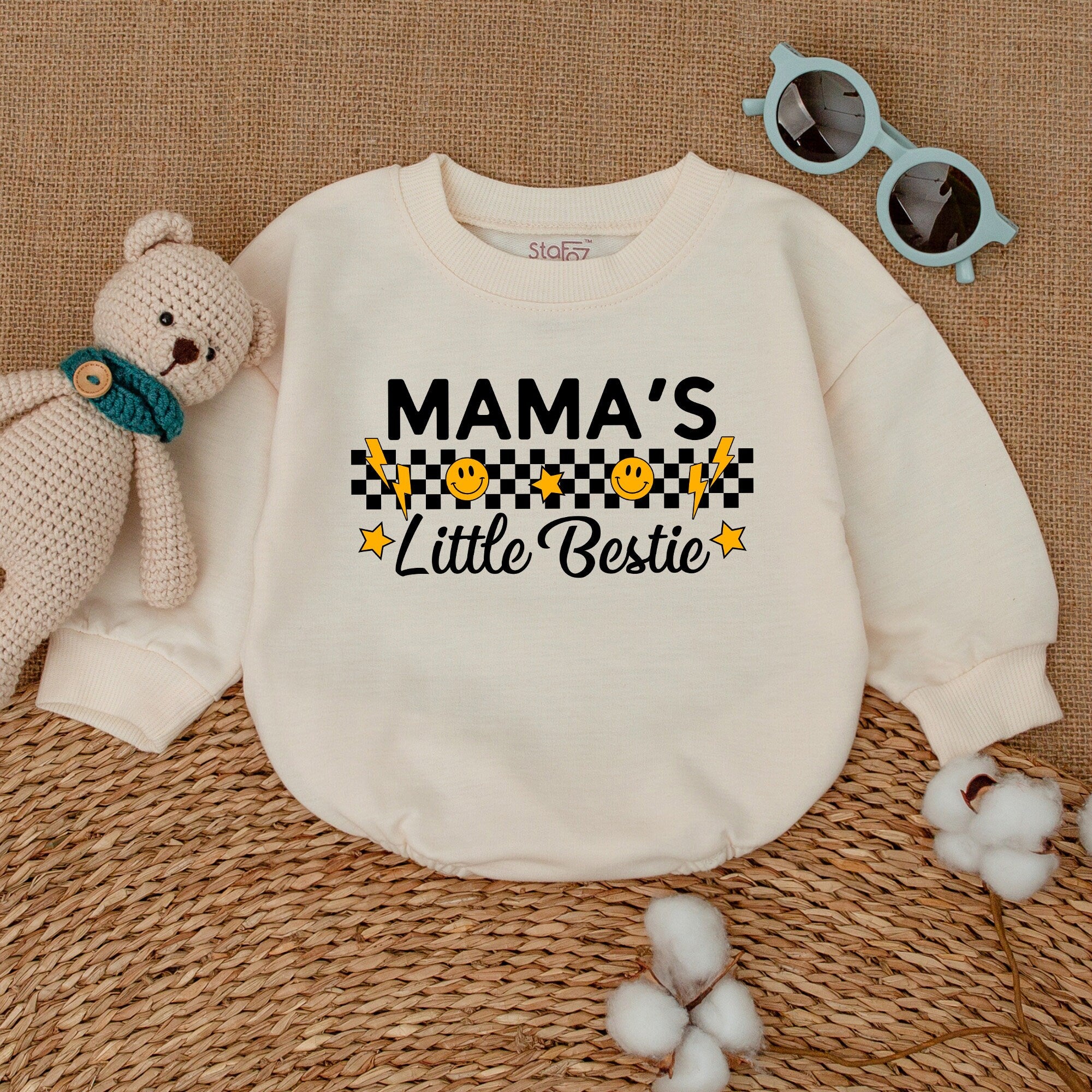 Mama's Little Bestie Retro Romper Baby Bodysuit Smiley Face Checkered Design Mother's Day Gift Newborn Outfit Soft Cotton Clothing
