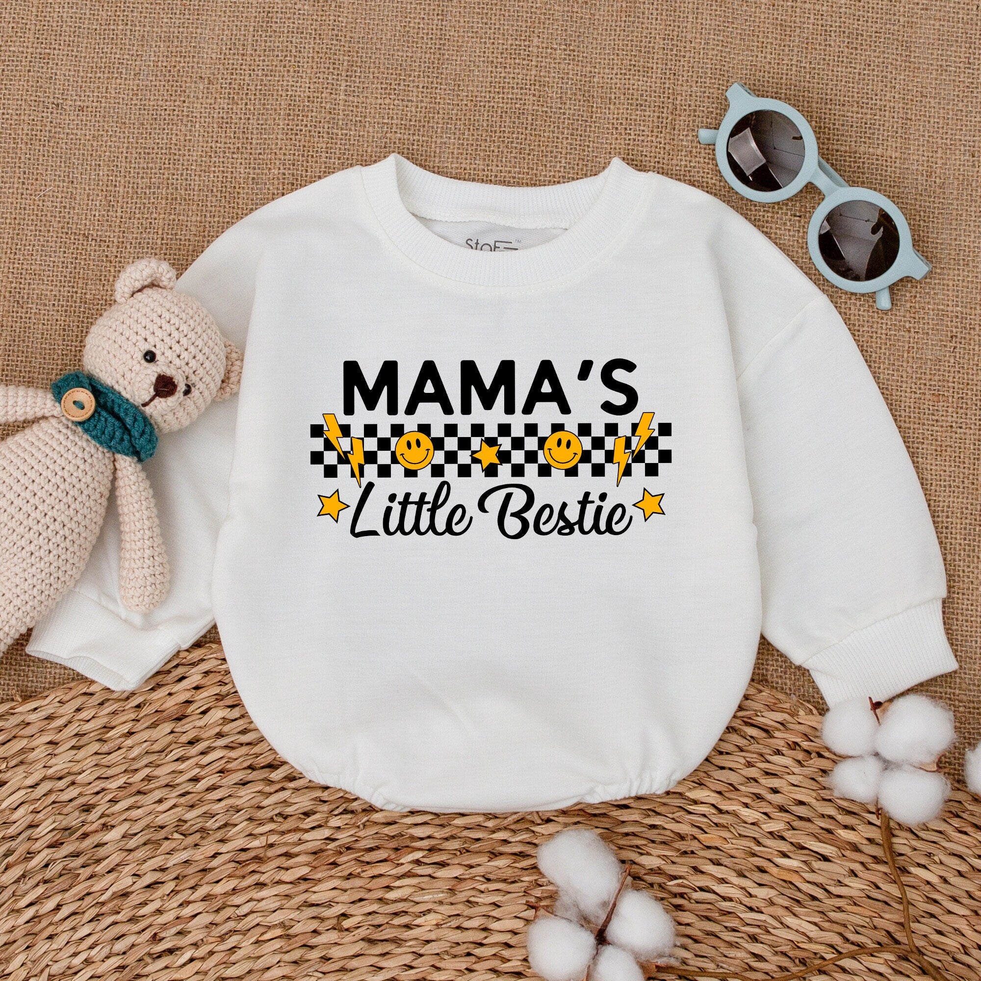 Mama's Little Bestie Retro Romper Baby Bodysuit Smiley Face Checkered Design Mother's Day Gift Newborn Outfit Soft Cotton Clothing