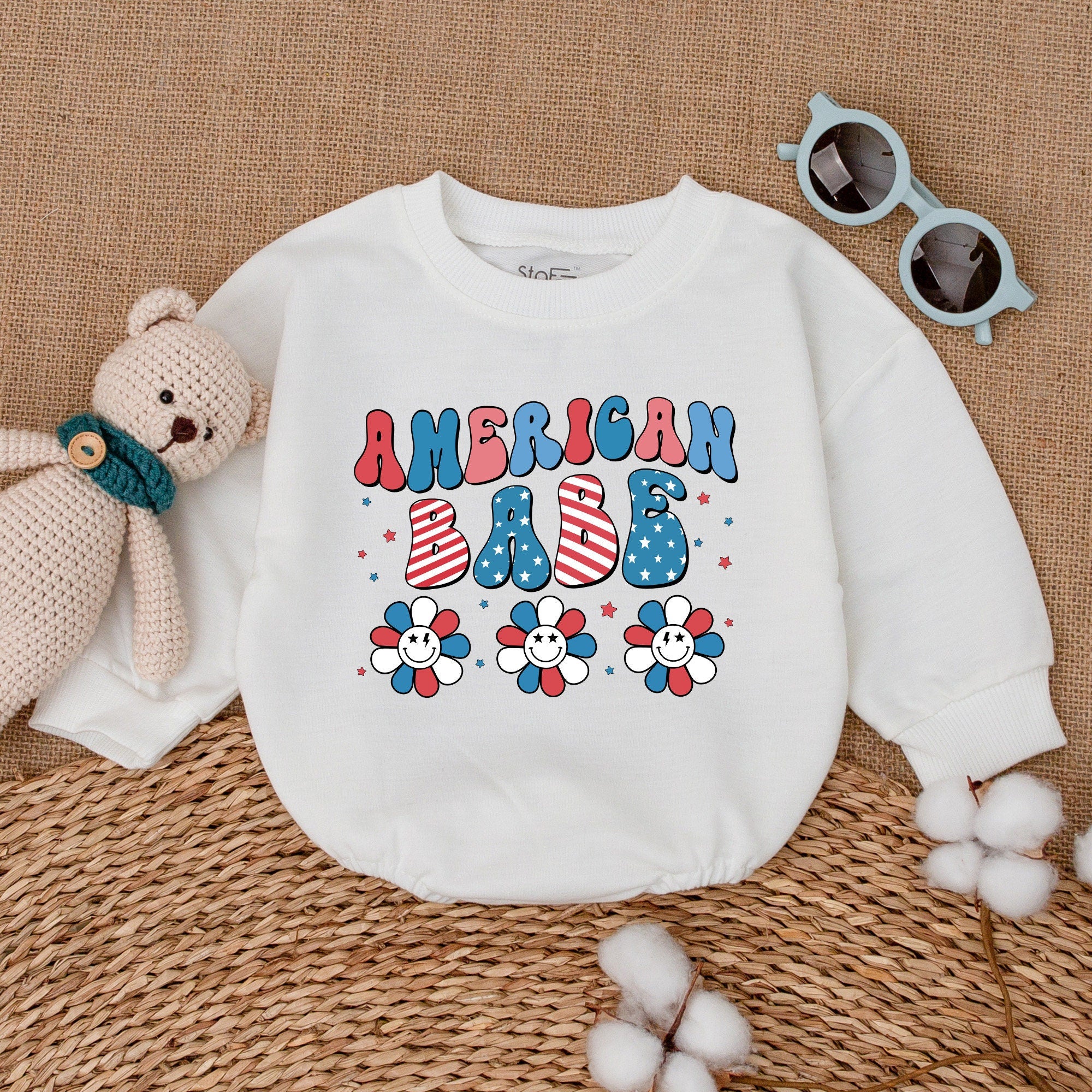 American Babe Romper with Stars Stripes Smiling Flowers Patriotic Baby Outfit for 4th of July Celebration Holiday Newborn One Piece