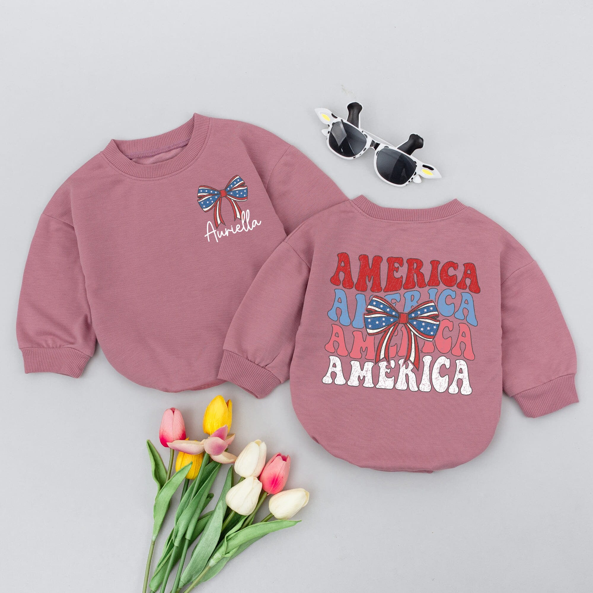 Personalized America Bow Baby Romper 4th of July Gift Patriotic Infant Outfit Custom Name Red White Blue Stripes Stars First Holiday