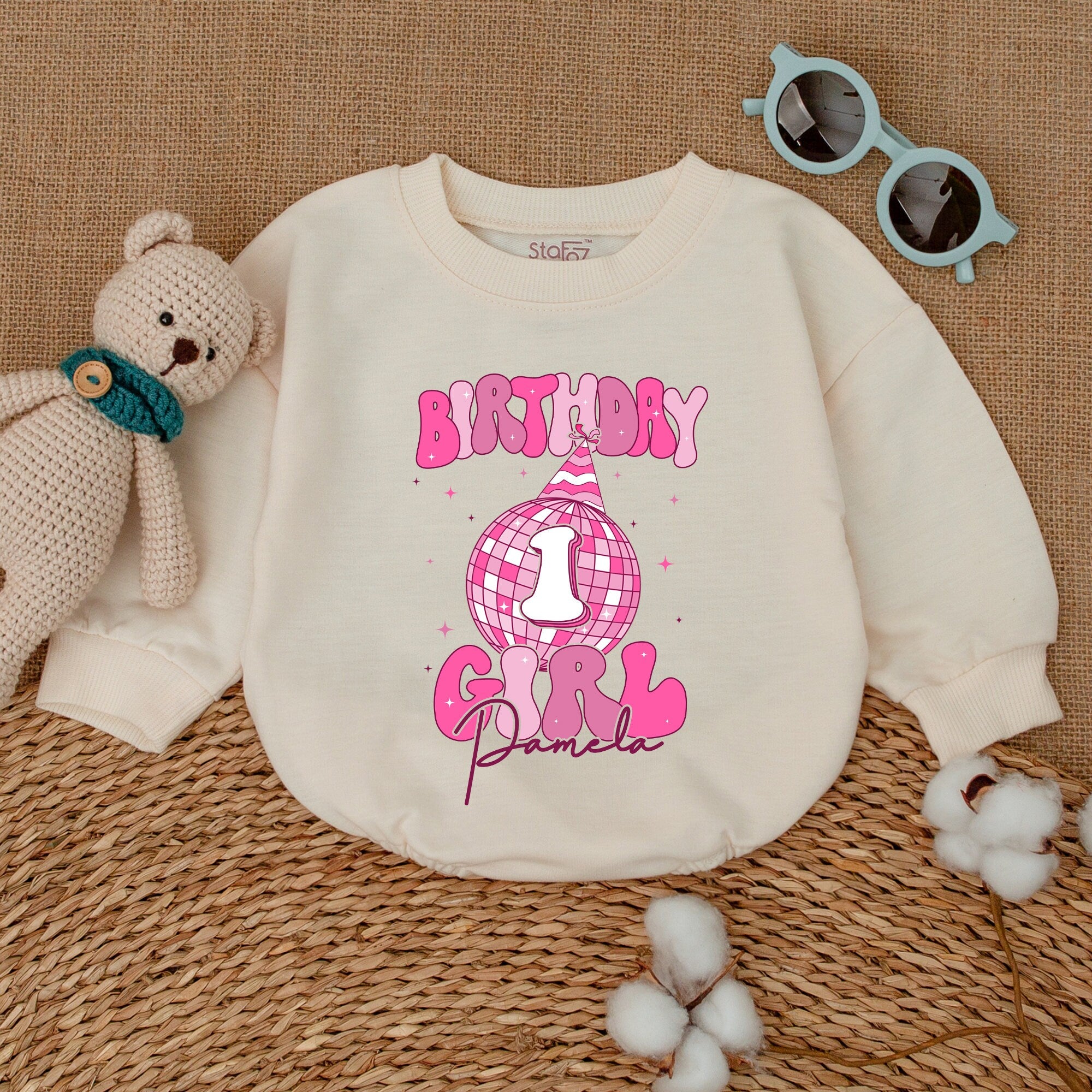 Personalized First Birthday Romper with Pink Disco Ball and Stars Baby Girl Party Outfit Soft Cotton Pamela's Celebration Gift