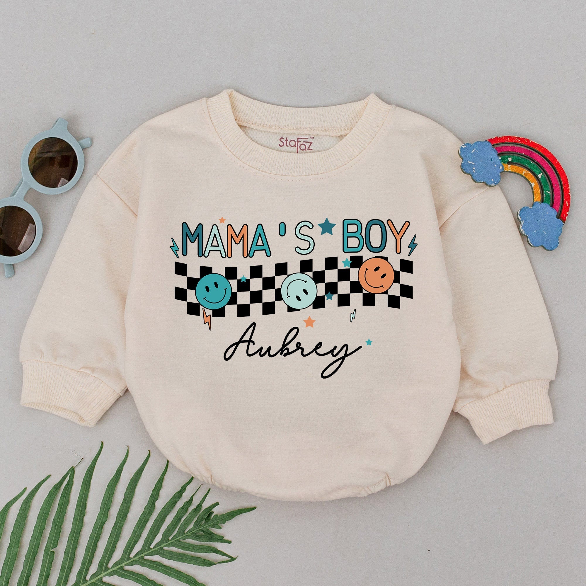 Personalized Mama's Boy Romper Retro Style Baby Outfit with Teal and Orange Smiley Faces Perfect Gift for Newborn Son Mother's Day